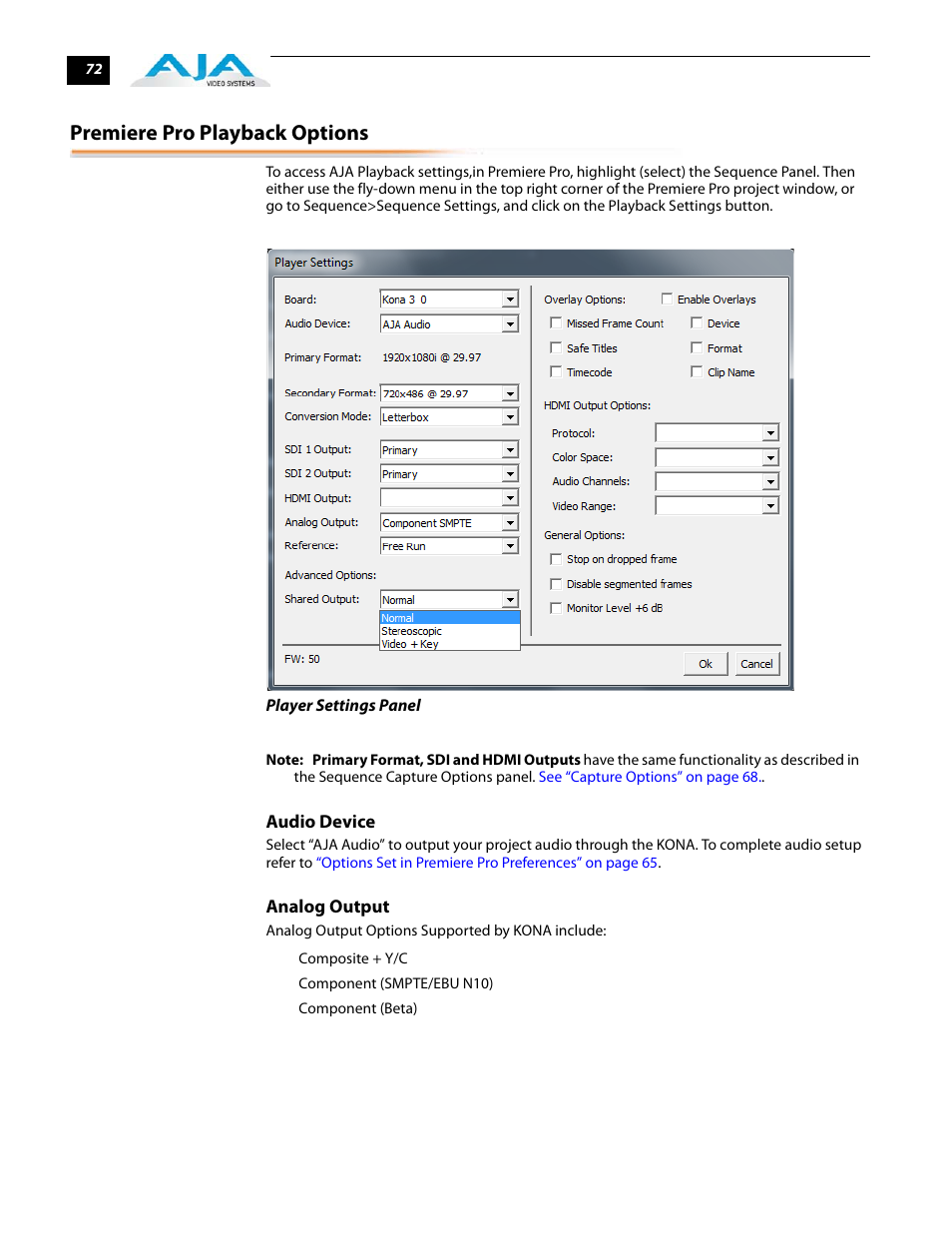 Premiere pro playback options, Audio device analog output | AJA KONA 5.0 User Manual | Page 82 / 128
