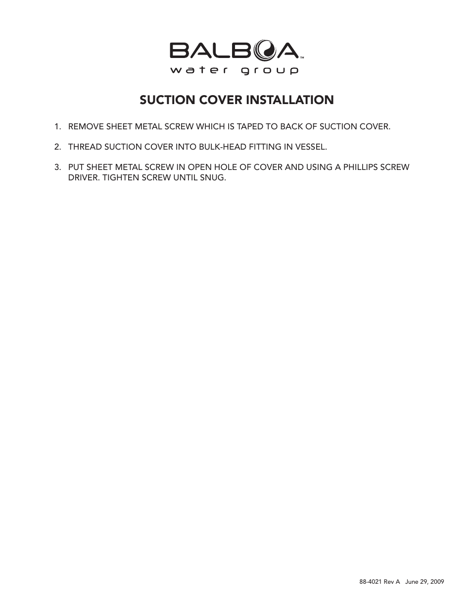 Balboa Water Group Suction Cover User Manual | 1 page