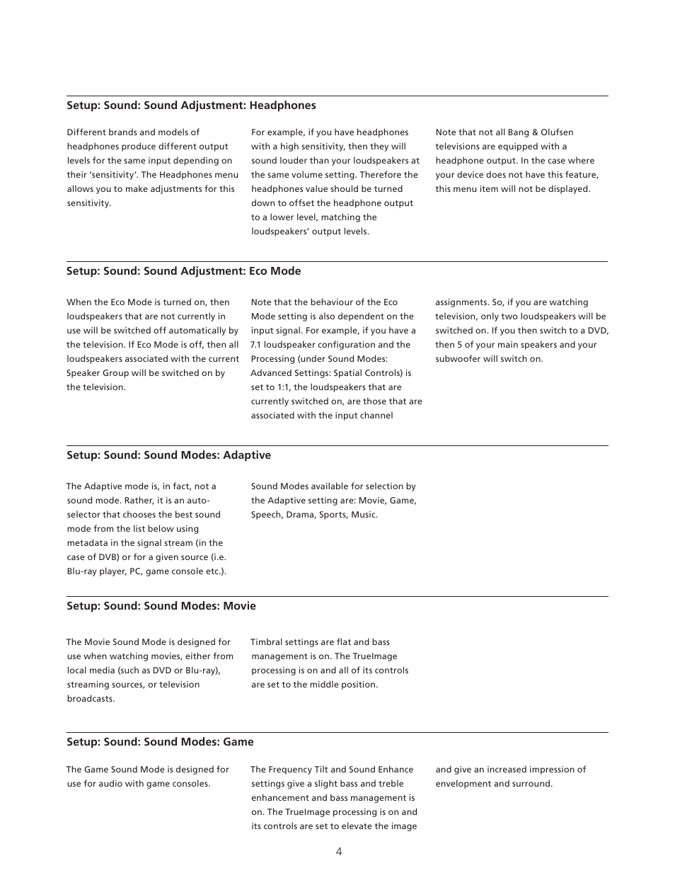 Sound adjustment: headphones, Sound modes: adaptive, Sound modes: movie | Sound modes: game | Bang & Olufsen BeoVision Avant - Technical Sound Guide User Manual | Page 4 / 24