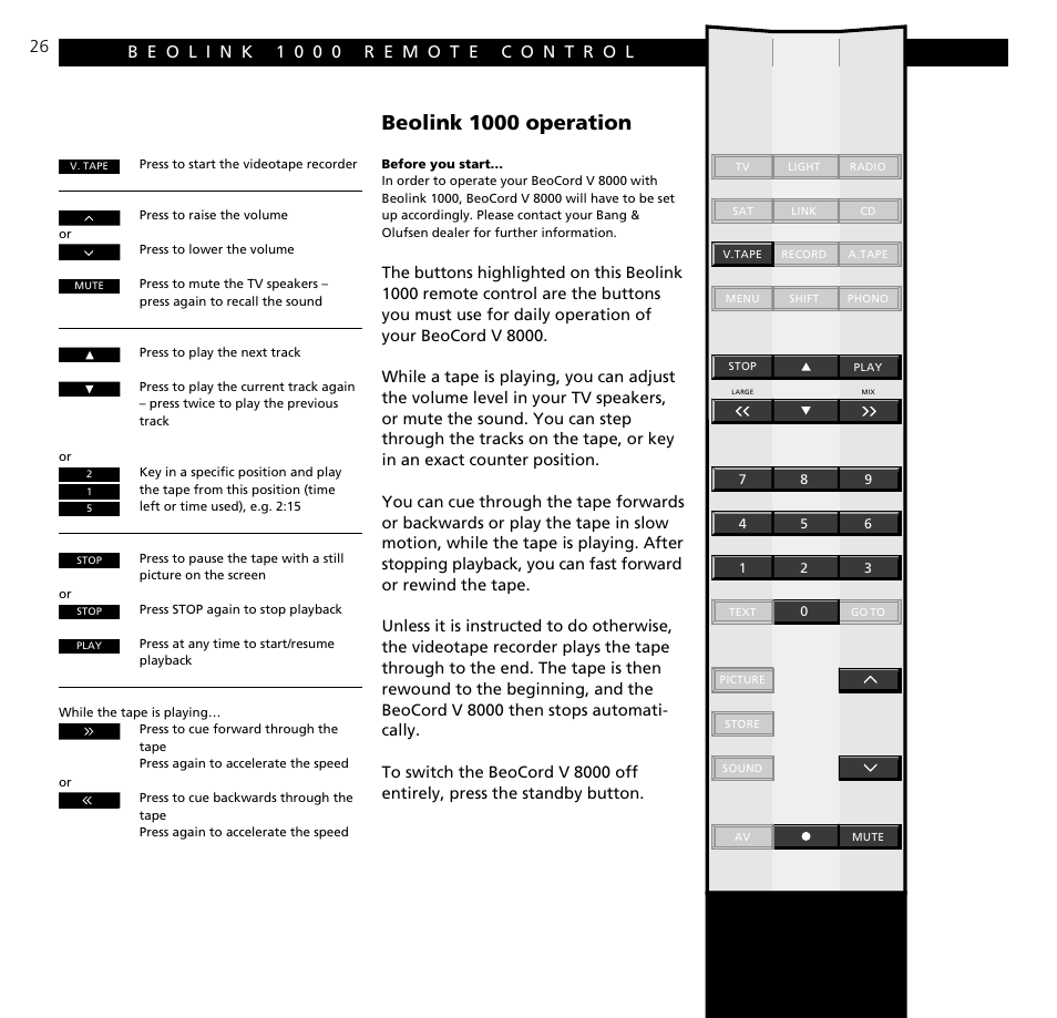 Beolink 1000 remote control, Beolink 1000 operation | Bang & Olufsen BeoCord V8000_MS - User Guide User Manual | Page 26 / 32