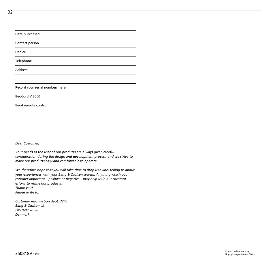 Bang & Olufsen BeoCord V8000_MS - User Guide User Manual | Page 32 / 32