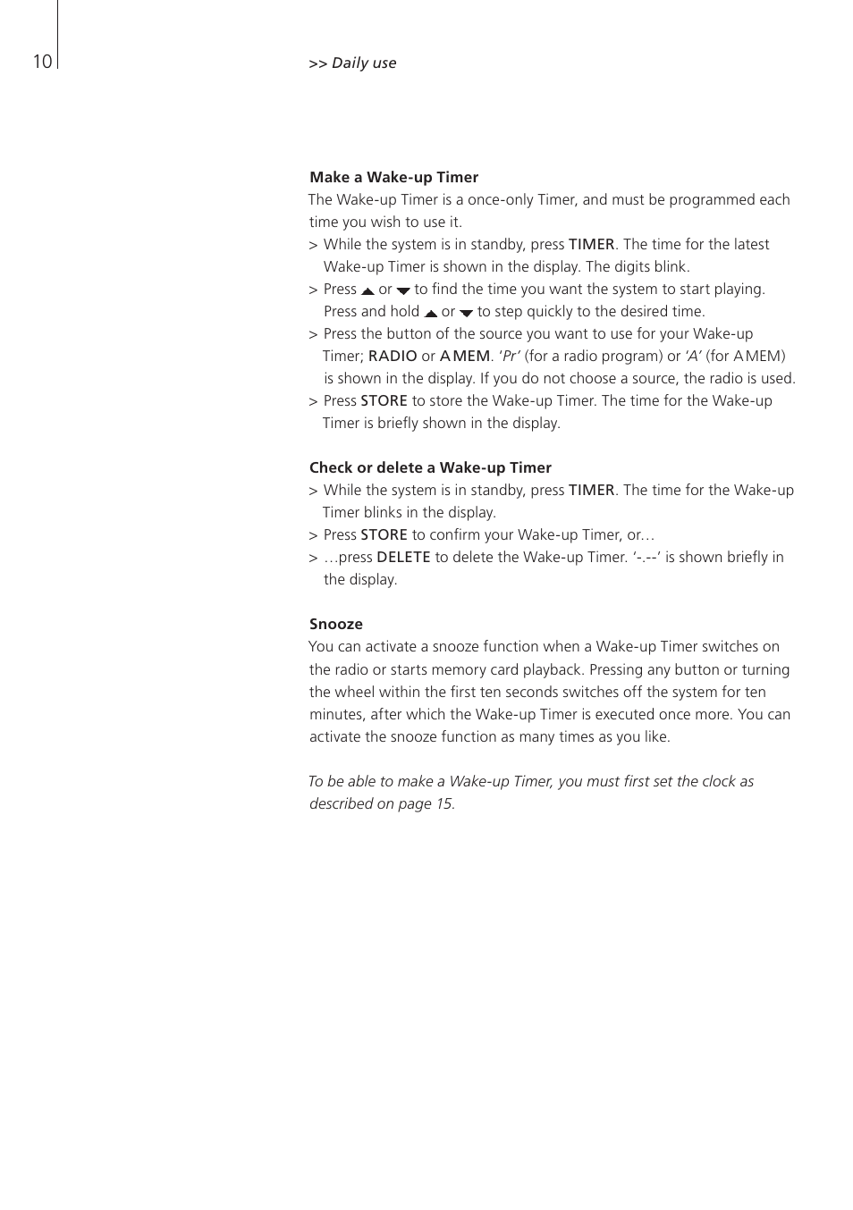 Make a wake-up timer, Check or delete a wake-up timer, Snooze | Bang & Olufsen BeoSound 3 - User Guide User Manual | Page 10 / 20