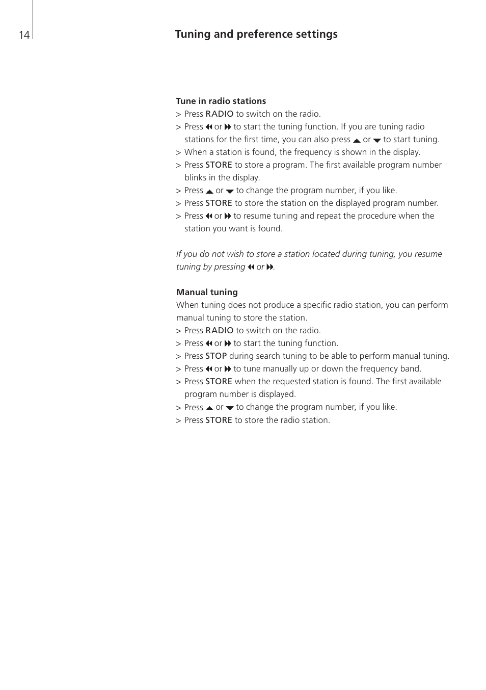 Tuning and preference settings, Tune in radio stations, Manual tuning | Bang & Olufsen BeoSound 3 - User Guide User Manual | Page 14 / 20