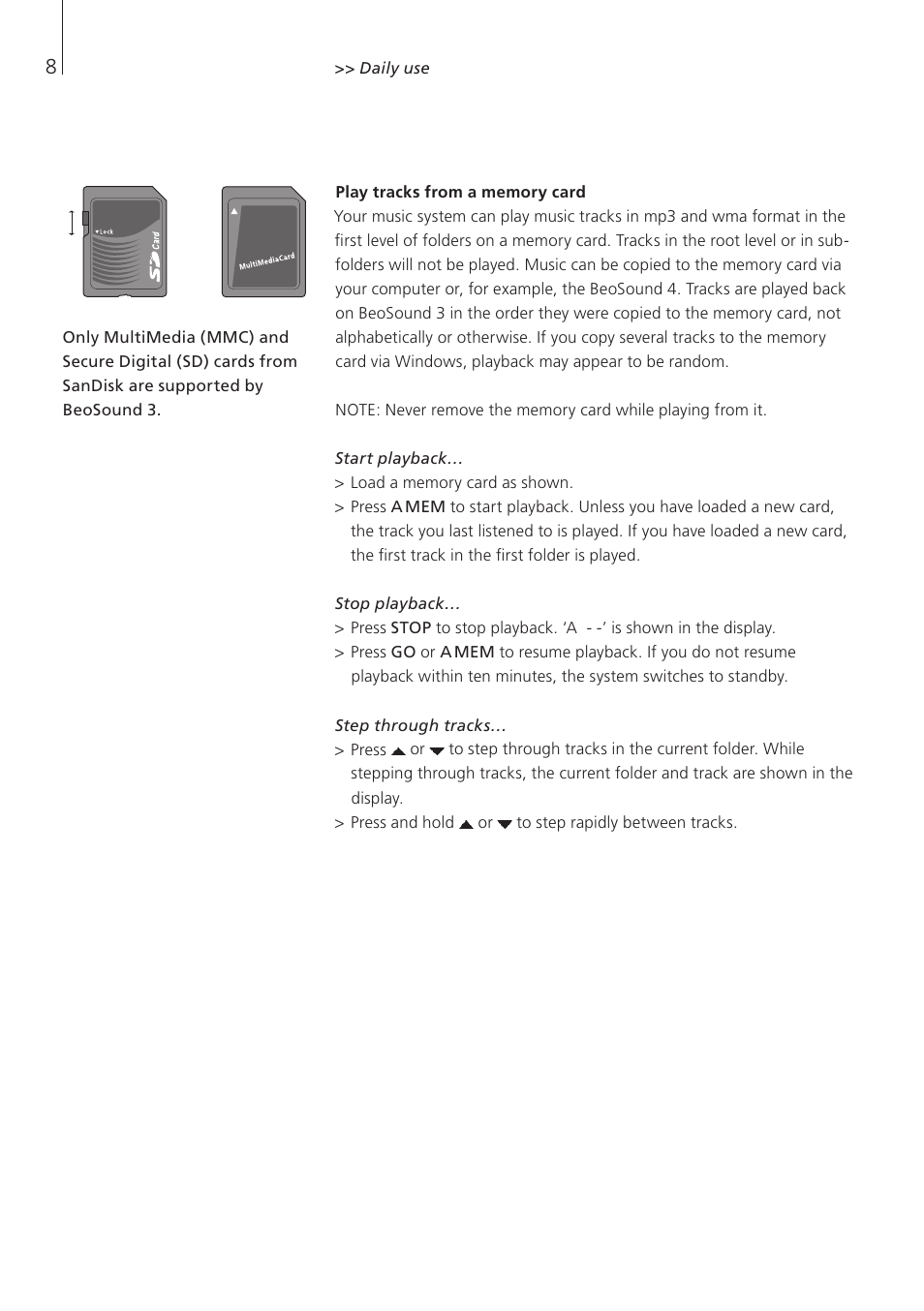 Play tracks from a memory card | Bang & Olufsen BeoSound 3 - User Guide User Manual | Page 8 / 20