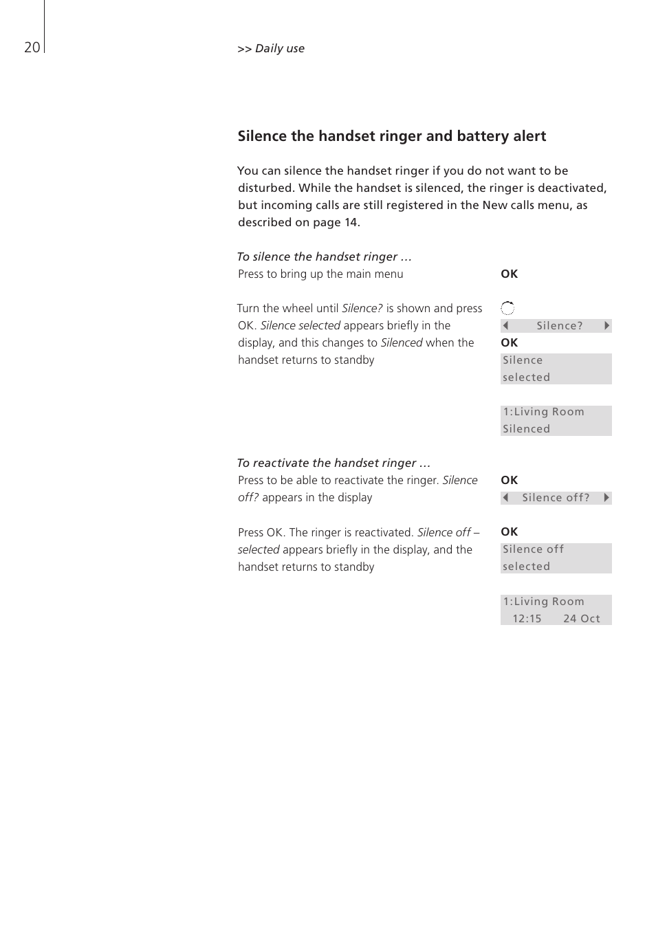 Silence the handset ringer and battery alert | Bang & Olufsen BeoCom 6000 - User Guide User Manual | Page 20 / 56