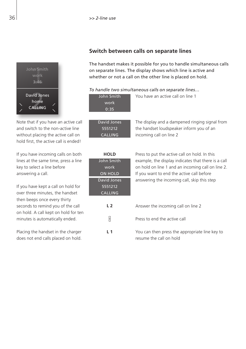 Switch between calls on separate lines | Bang & Olufsen BeoCom 5 - User Guide User Manual | Page 36 / 76