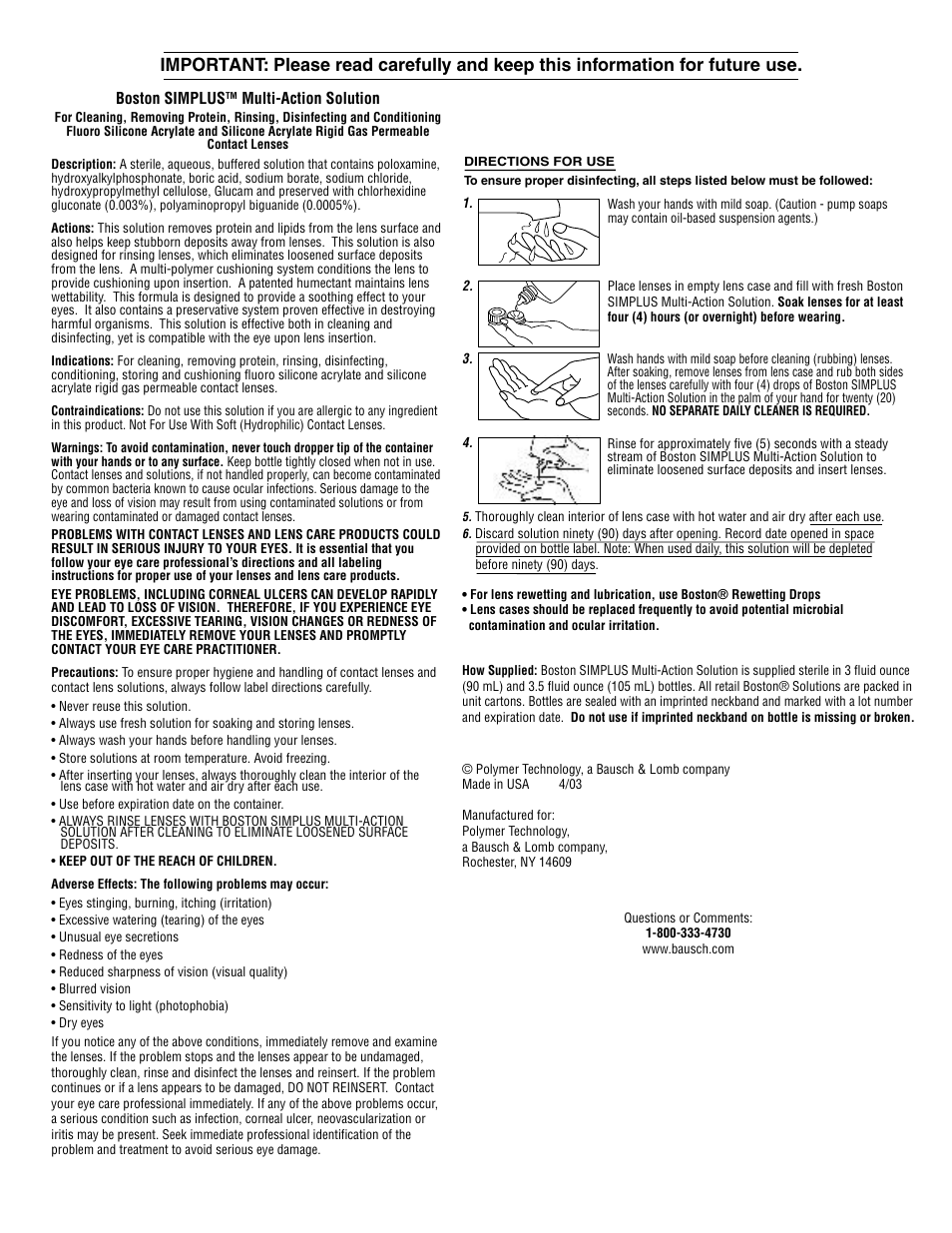 Bausch & Lomb Boston Simplus User Manual | 1 page