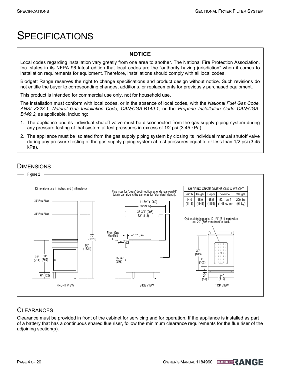 Specifications, Dimensions, Clearances | Pecifications, Notice, Imensions, Learances | Blodgett B24C-FF User Manual | Page 4 / 20