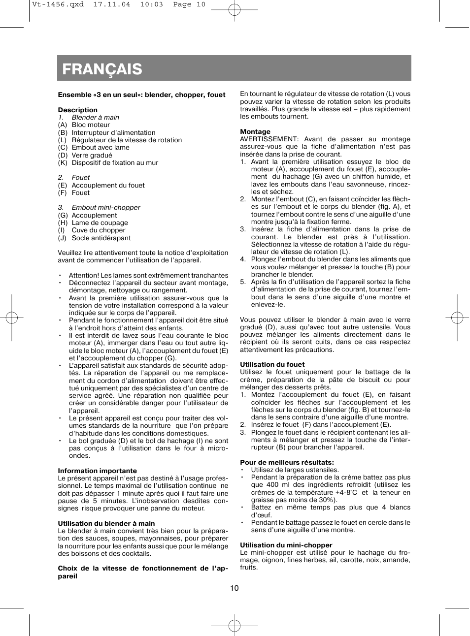 Français | Vitek VT-1456 User Manual | Page 11 / 32