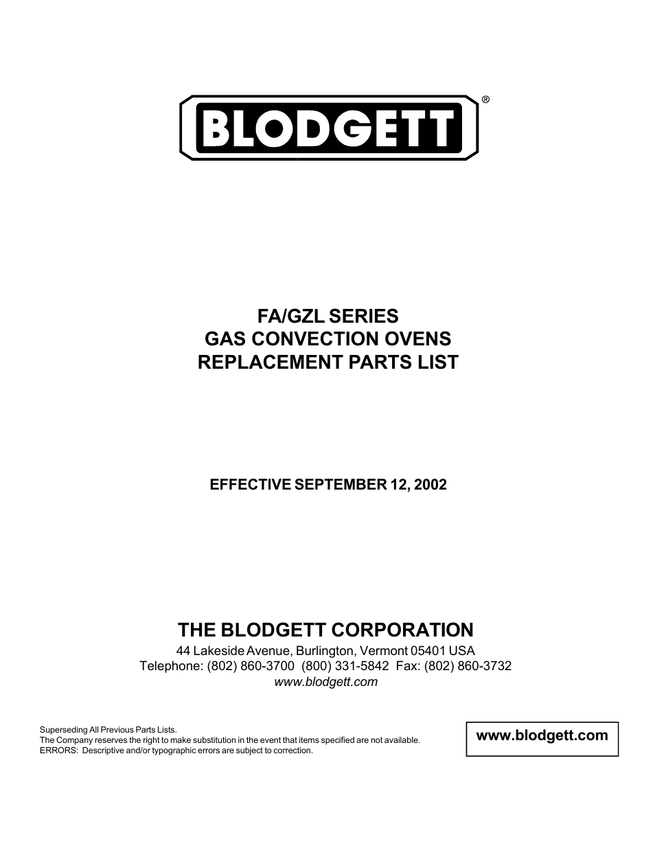 Blodgett FA/GZL SERIES User Manual | 4 pages