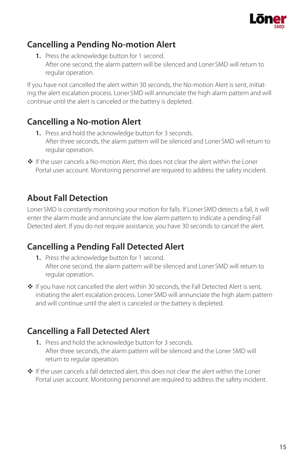 Cancelling a pending no-motion alert, Cancelling a no-motion alert, About fall detection | Cancelling a pending fall detected alert, Cancelling a fall detected alert | Blackline GPS Loner SMD User Manual | Page 17 / 24