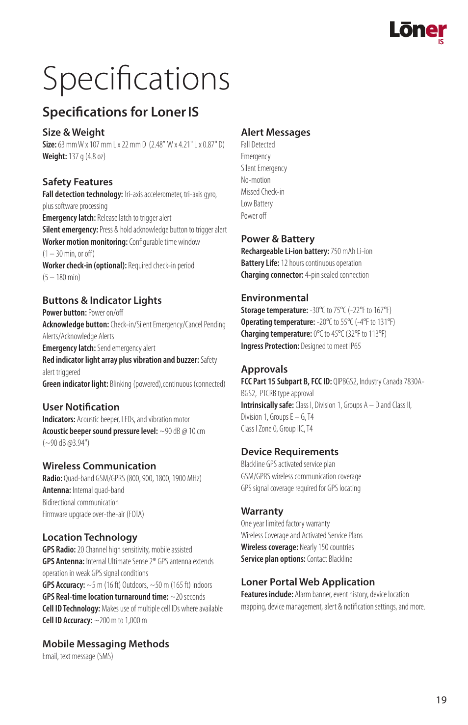 Specifications, Specifications for loner is | Blackline GPS Loner IS User Manual | Page 21 / 24