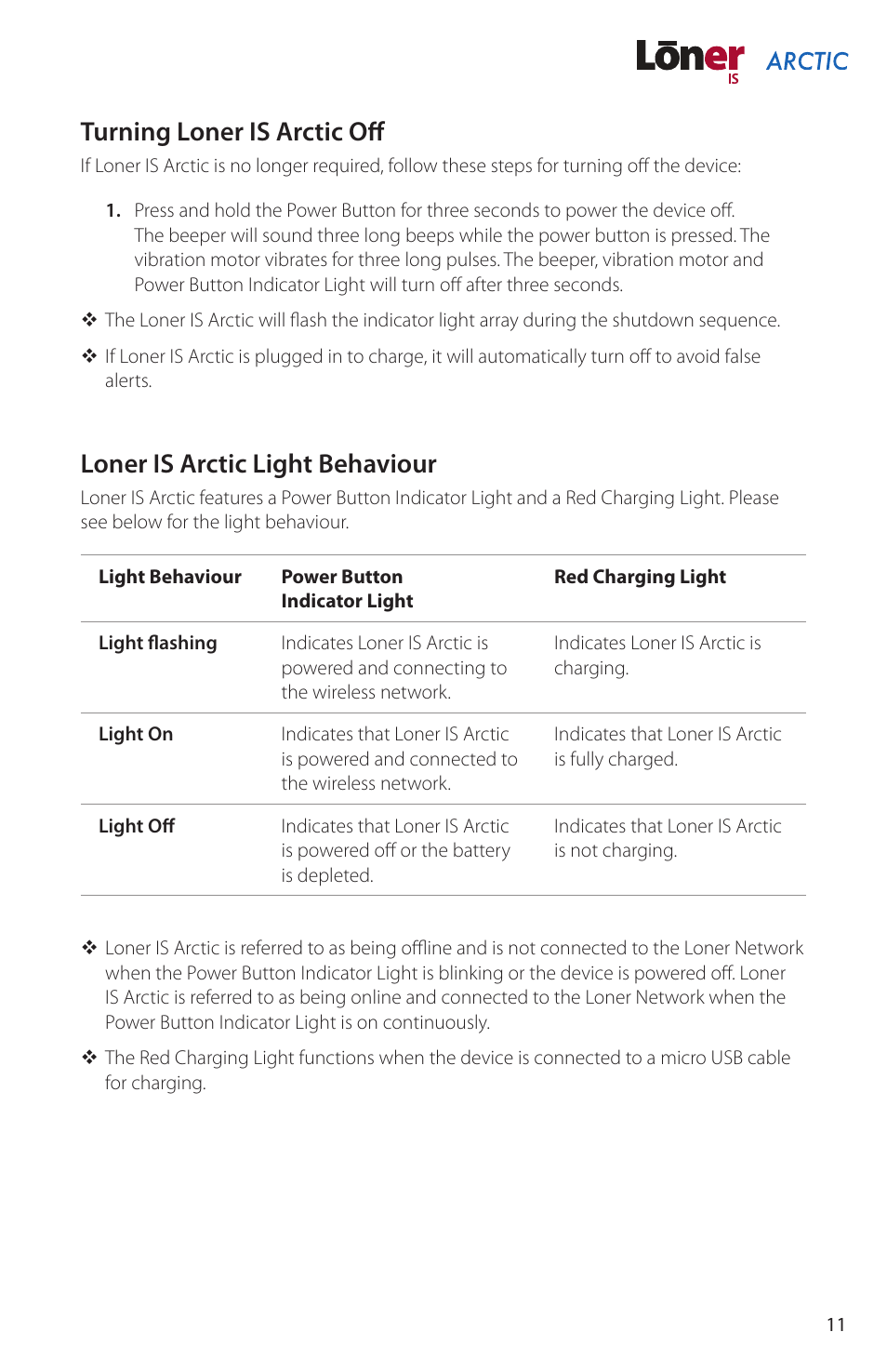 Turning loner is off, Loner is light behaviour, Turning loner is arctic off | Loner is arctic light behaviour | Blackline GPS Loner IS Arctic User Manual | Page 13 / 24