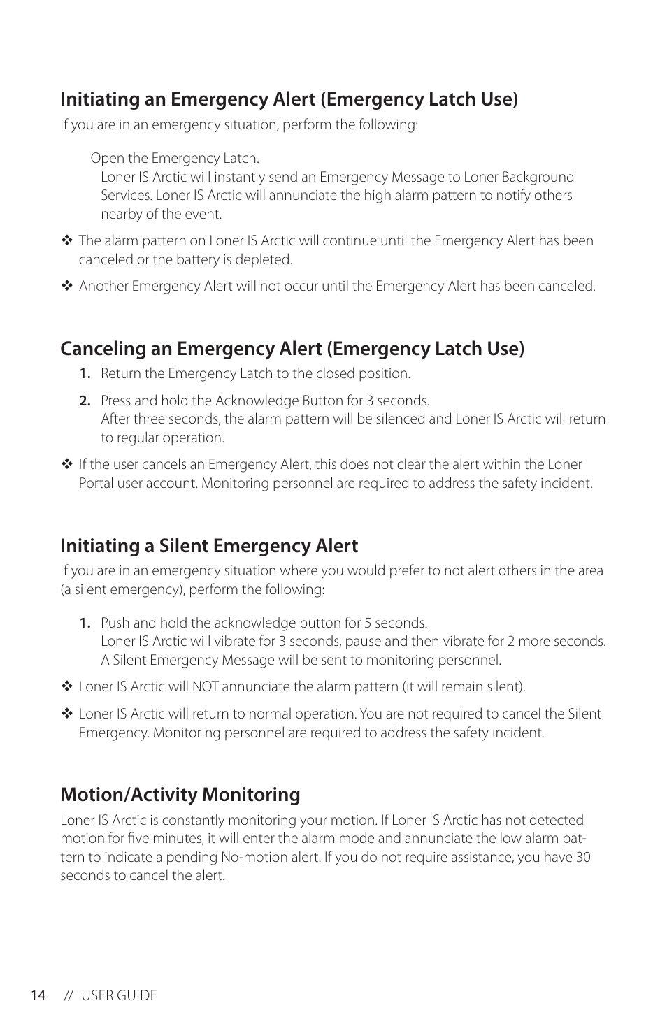 Canceling an emergency alert (emergency latch use), Initiating a silent emergency alert, Motion/activity monitoring | Blackline GPS Loner IS Arctic User Manual | Page 16 / 24