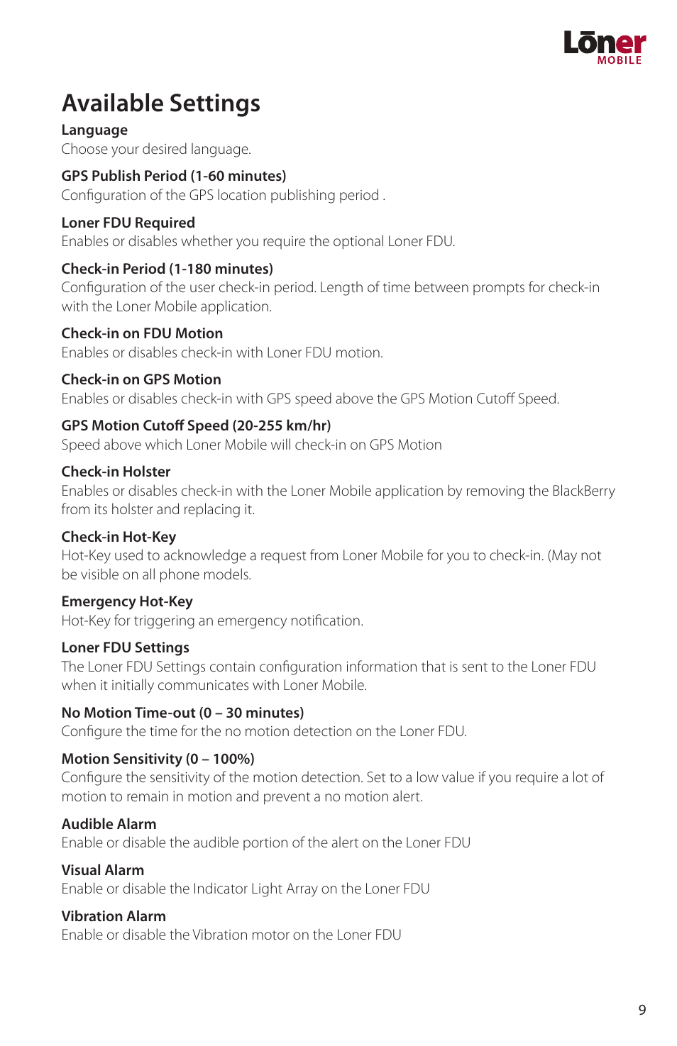 Available settings | Blackline GPS Loner Mobile User Manual | Page 11 / 28