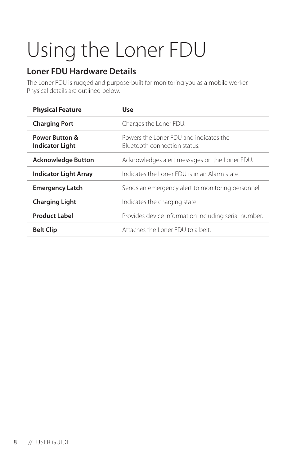 Using the loner fdu, Loner fdu hardware details | Blackline GPS Loner FDU User Manual | Page 10 / 24