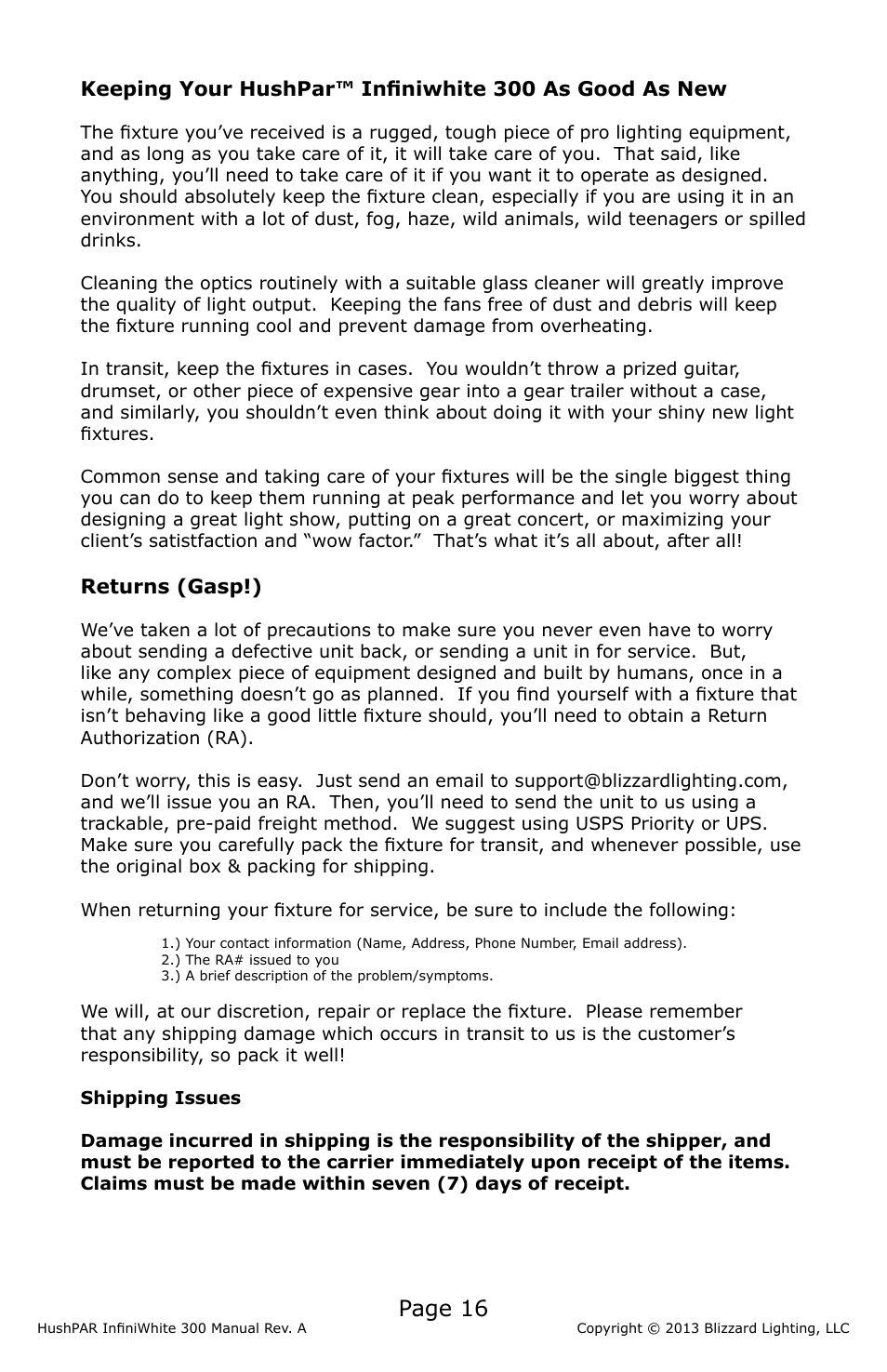 Page 16 | Blizzard Lighting 300 HushPar Infiniwhite User Manual | Page 16 / 20