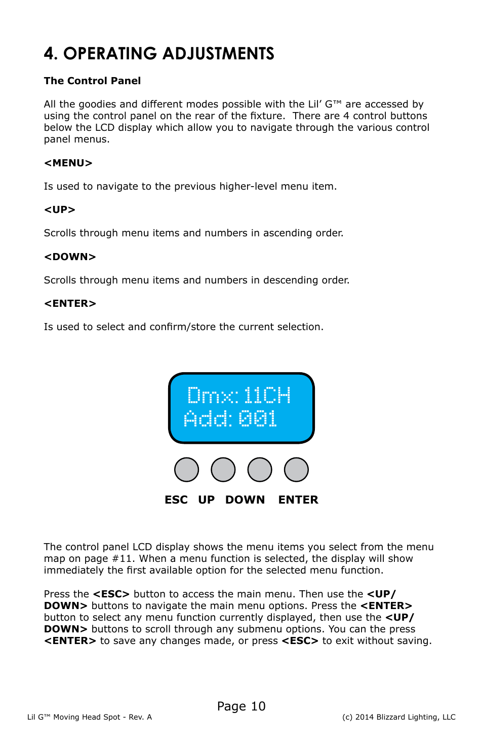 Operating adjustments | Blizzard Lighting Lil' G Moving Spot(Rev A) User Manual | Page 10 / 20