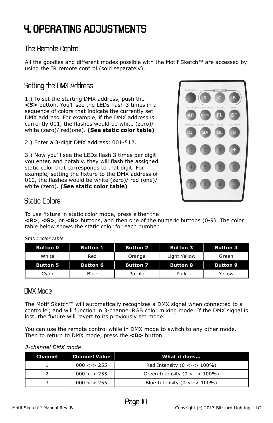 Operating adjustments, Page 10, Setting the dmx address | Static colors, Dmx mode, The remote control | Blizzard Lighting Motif Sketch (Rev B) User Manual | Page 10 / 16