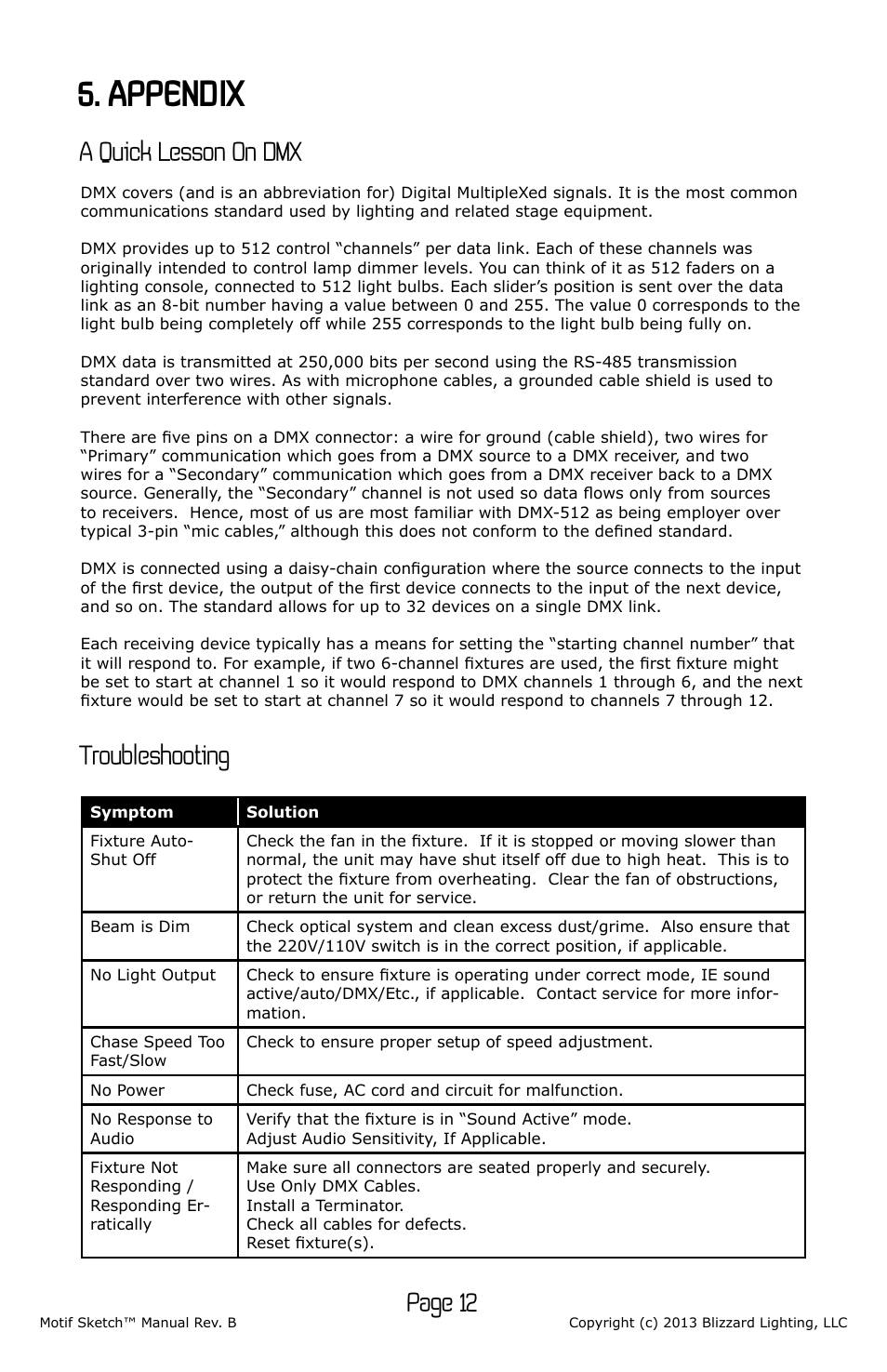 Appendix, Page 12, A quick lesson on dmx | Troubleshooting | Blizzard Lighting Motif Sketch (Rev B) User Manual | Page 12 / 16