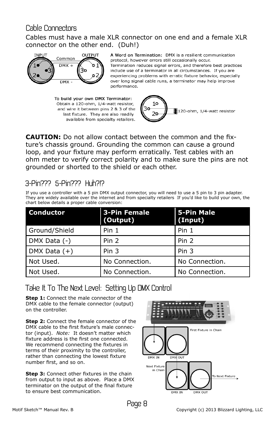 Page 8, Cable connectors, Pin??? 5-pin??? huh | Take it to the next level: setting up dmx control | Blizzard Lighting Motif Sketch (Rev B) User Manual | Page 8 / 16