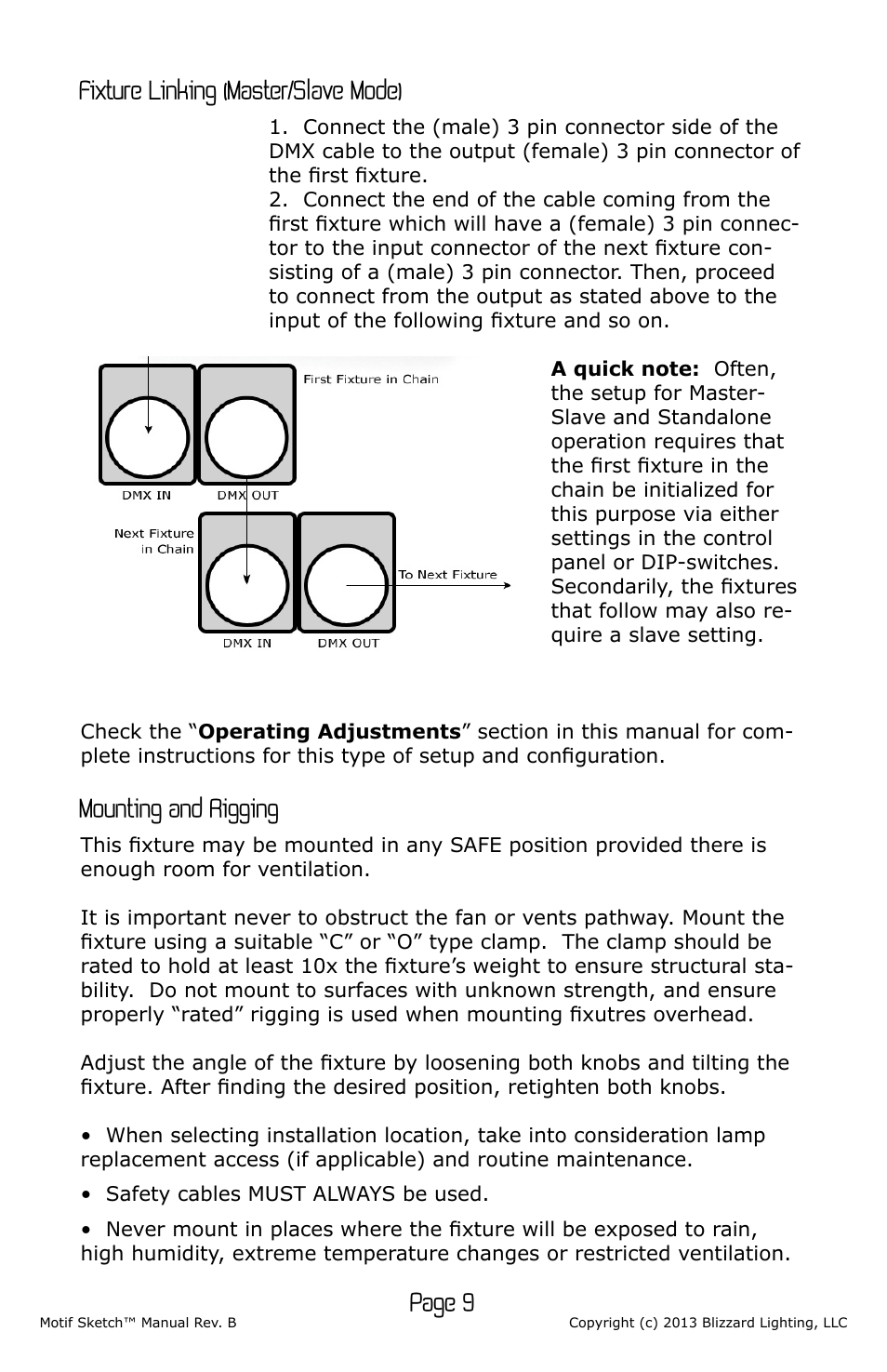 Page 9, Fixture linking (master/slave mode), Mounting and rigging | Blizzard Lighting Motif Sketch (Rev B) User Manual | Page 9 / 16