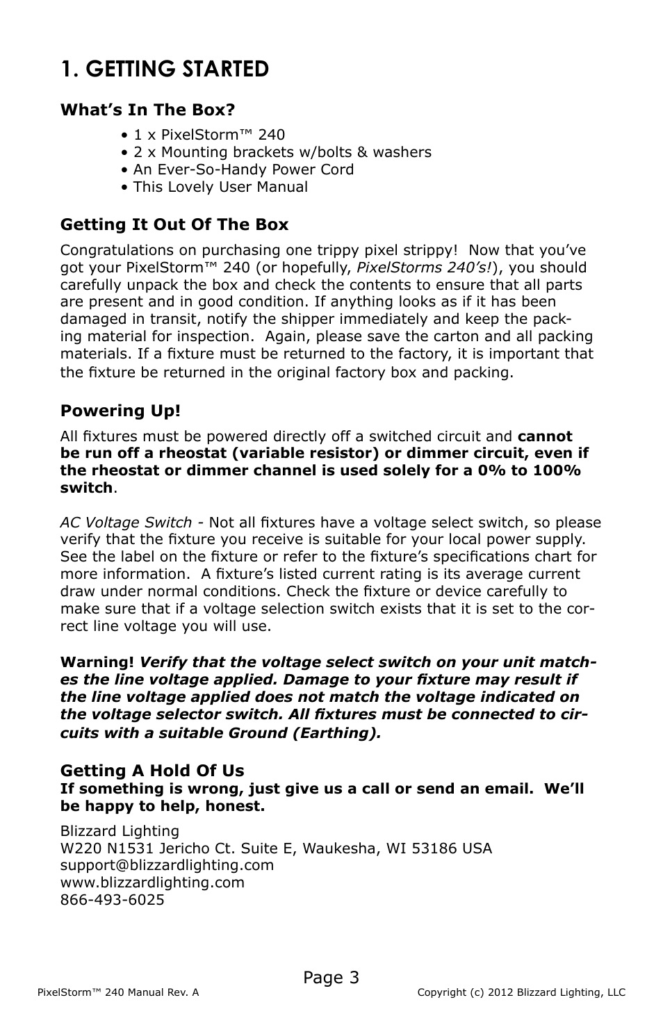 Getting started, Page 3 | Blizzard Lighting PixelStorm 240(Rev A) User Manual | Page 3 / 20