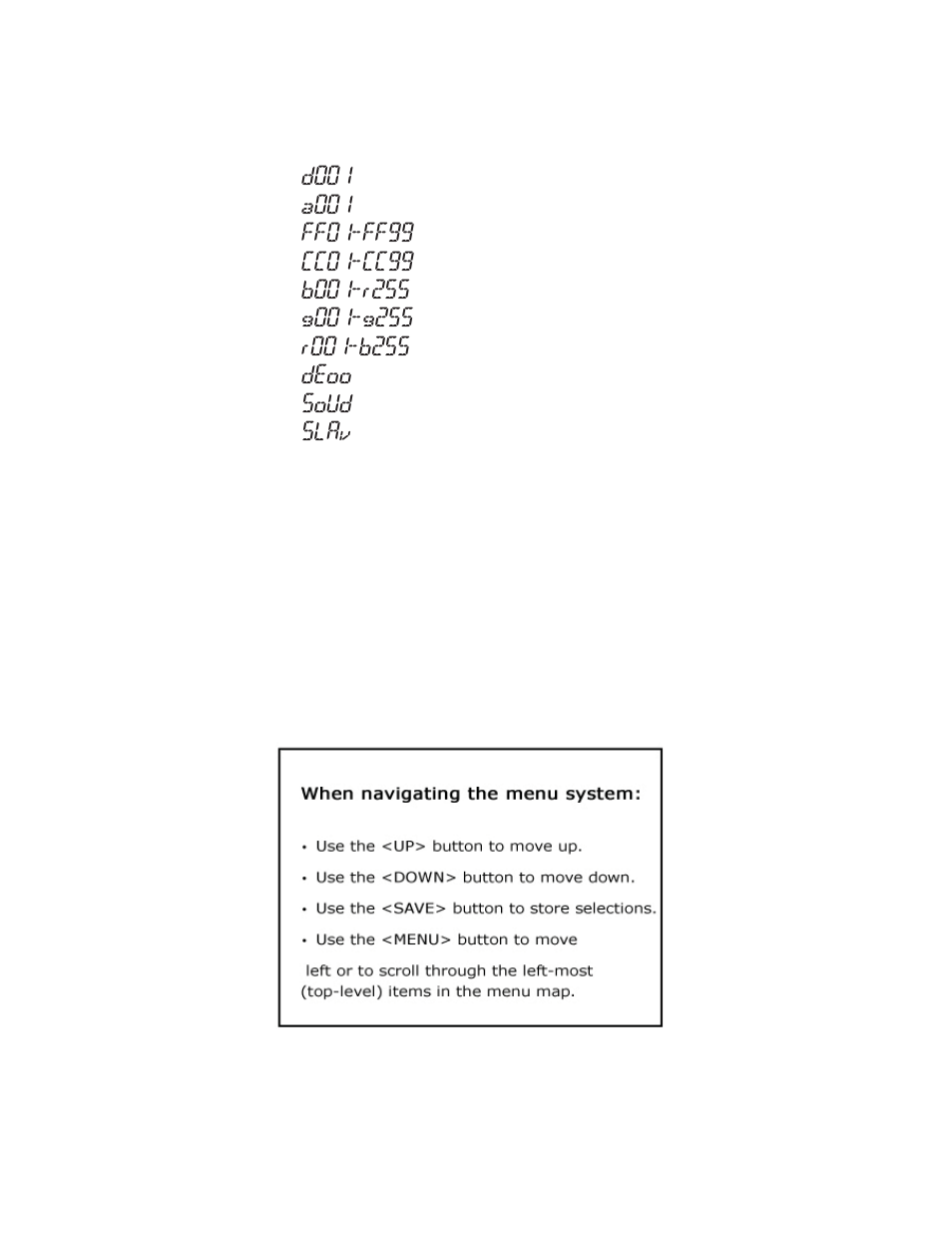 D001, A001, Ff01-ff99 | Cc01-cc99, Deoo, Soud, Slav | Blizzard Lighting TRI LED ProPar (Rev B User Manual | Page 11 / 20