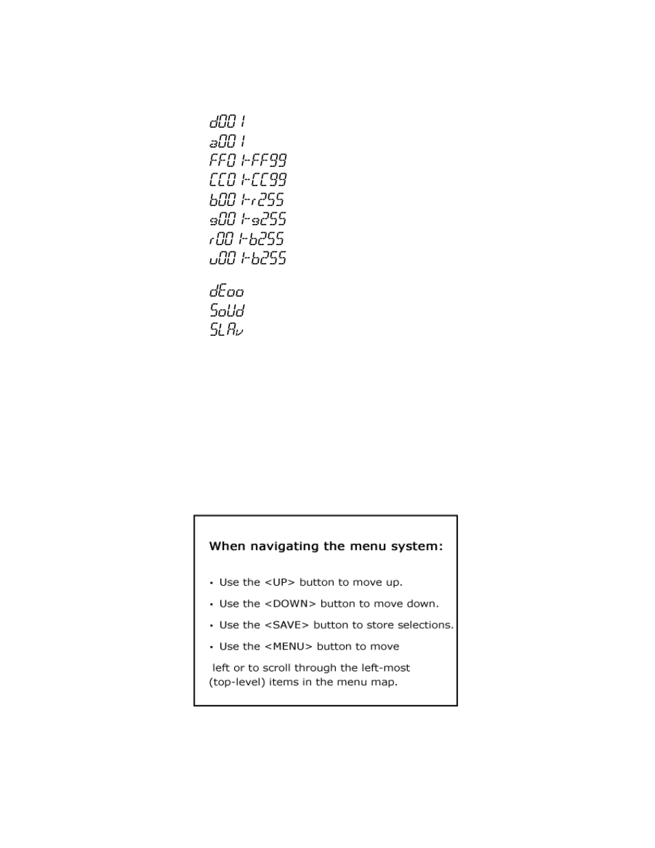 D001, A001, Ff01-ff99 | Cc01-cc99, Deoo, Soud, Slav | Blizzard Lighting Quadra ProPar (Rev B) User Manual | Page 11 / 20