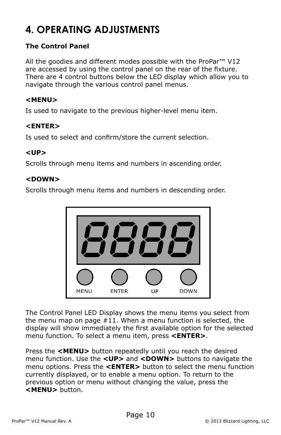 Operating adjustments, Page 10 | Blizzard Lighting V12 ProPar User Manual | Page 10 / 24