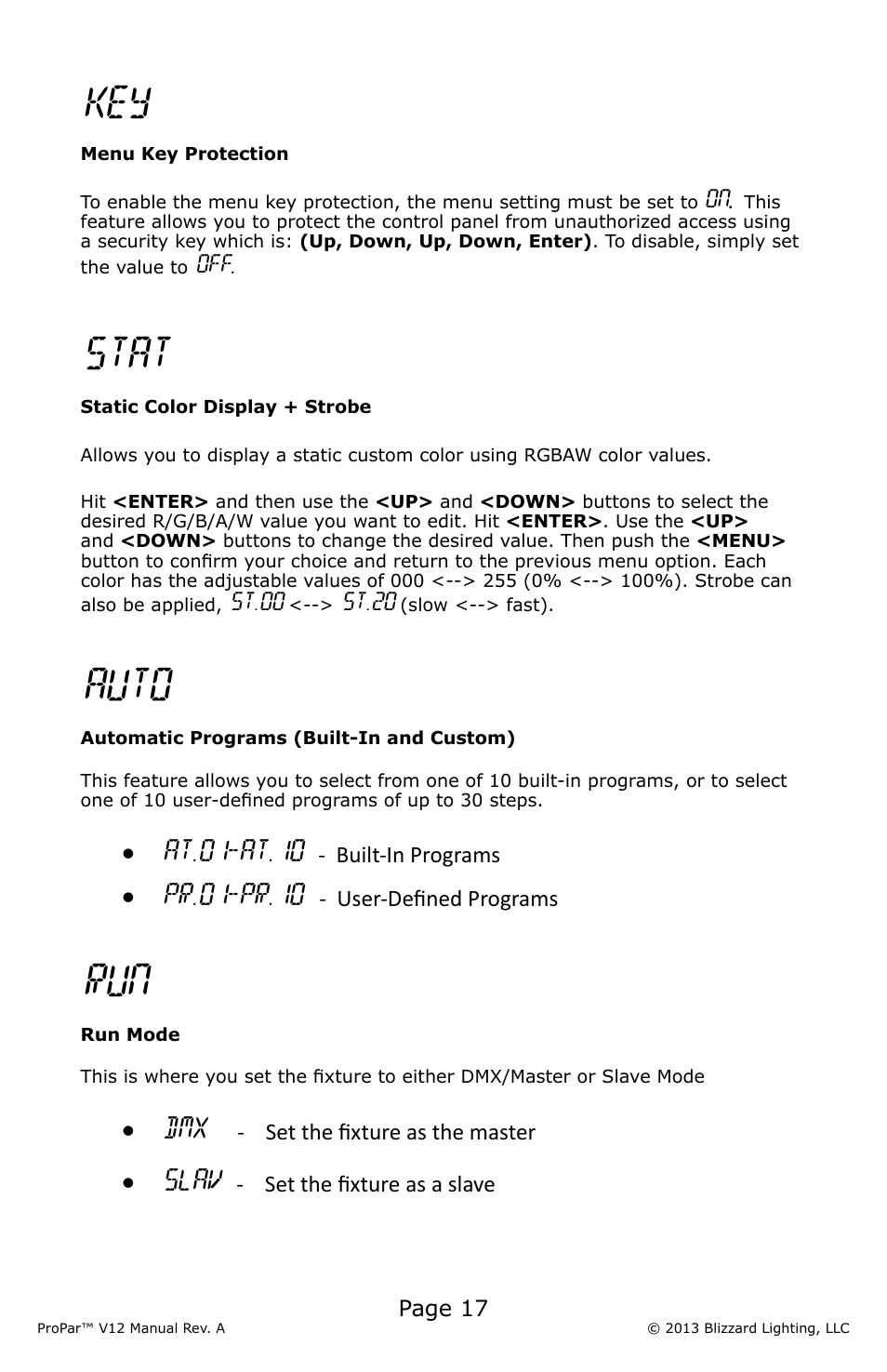 Stat, Auto, At.01-at.10 | Pr.01-pr.10, Slav | Blizzard Lighting V12 ProPar User Manual | Page 17 / 24