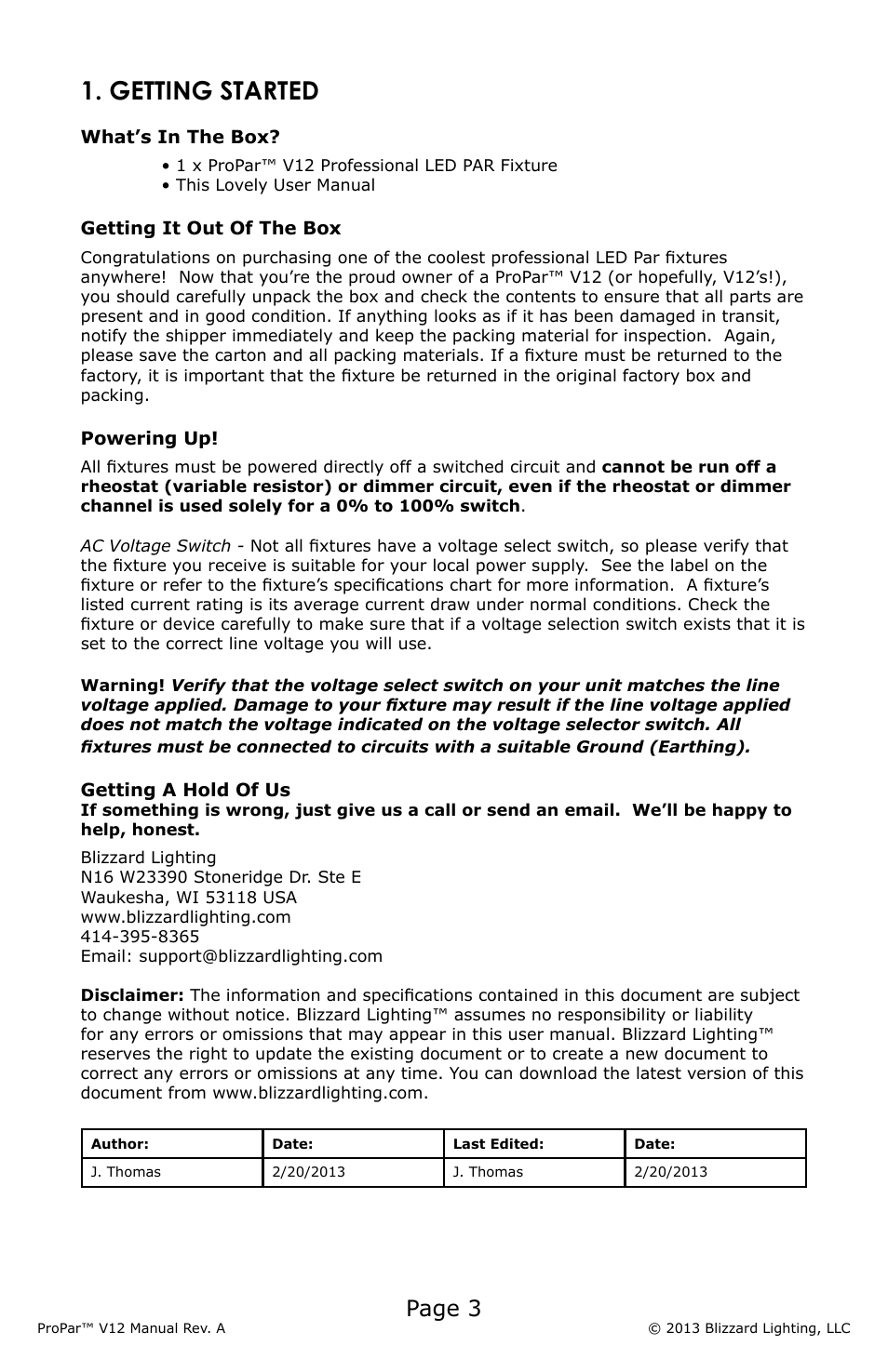 Getting started, Page 3 | Blizzard Lighting V12 ProPar User Manual | Page 3 / 24