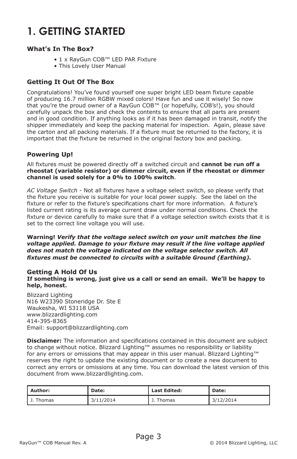 Getting started, Page 3 | Blizzard Lighting COB Raygun User Manual | Page 3 / 20