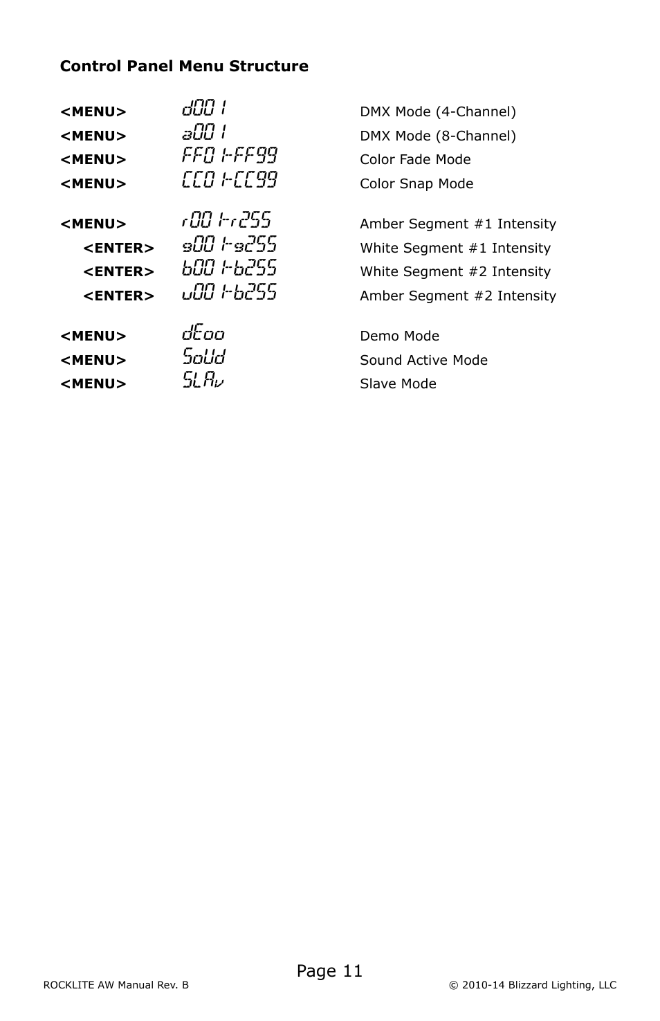 D001, A001, Ff01-ff99 | Cc01-cc99, Deoo, Soud, Slav, Page 11 | Blizzard Lighting AW RockLite (Rev B) User Manual | Page 11 / 20