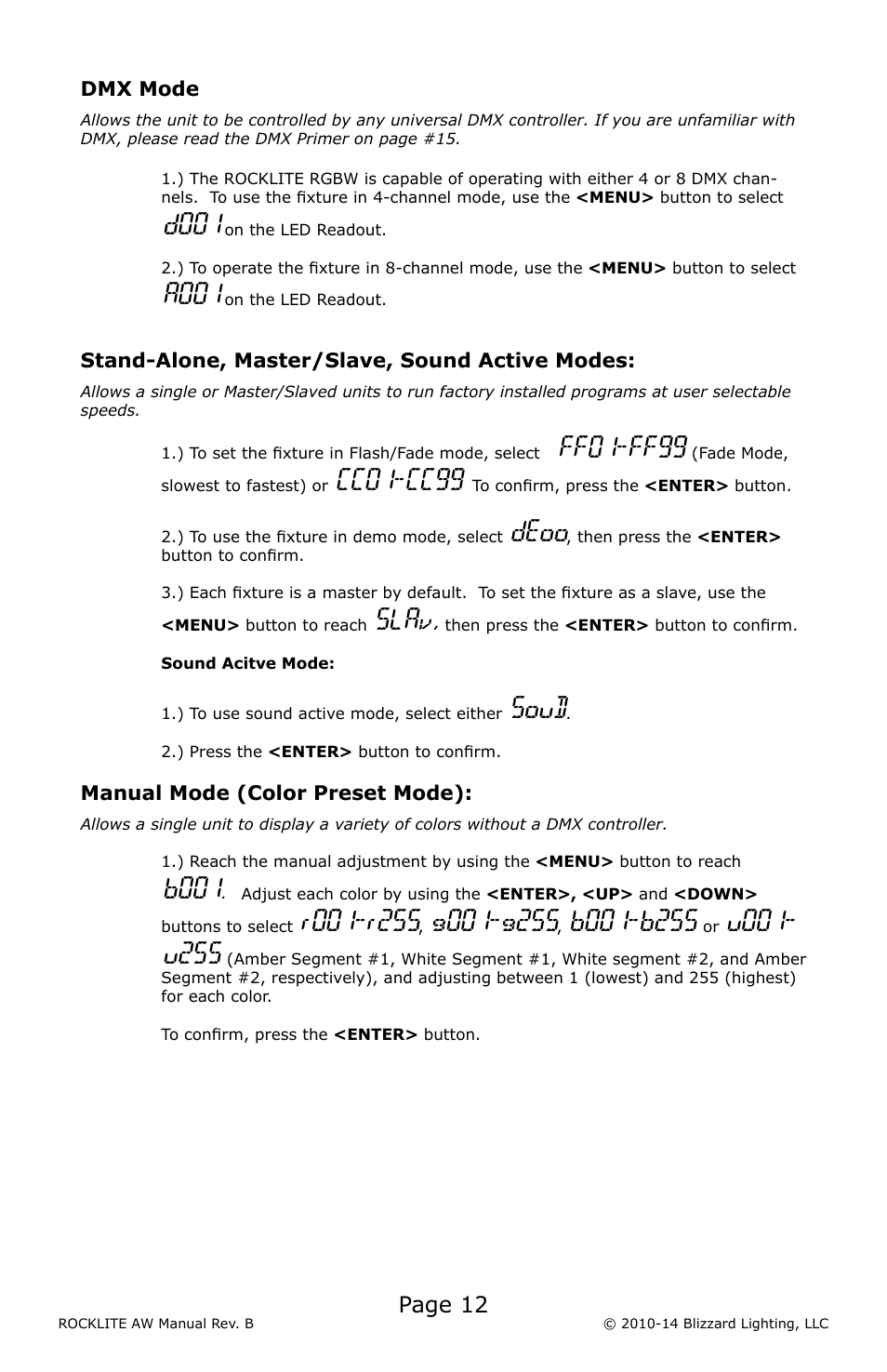 D001, A001, Ff01-ff99 | Cc01-cc99, Deoo, Slav, Soud, B001, Page 12 | Blizzard Lighting AW RockLite (Rev B) User Manual | Page 12 / 20