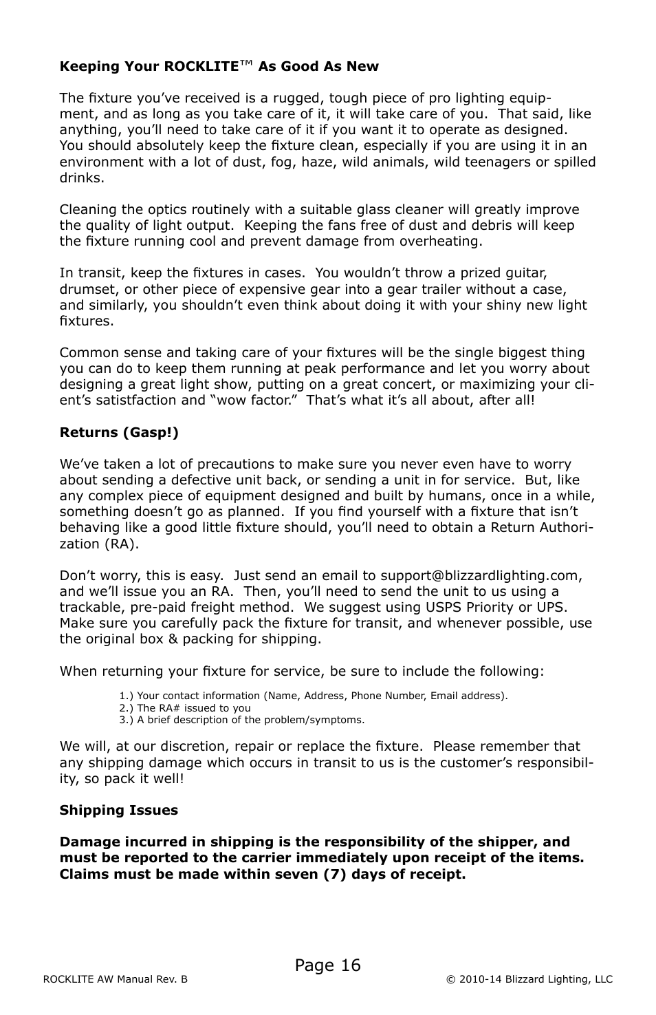 Page 16 | Blizzard Lighting AW RockLite (Rev B) User Manual | Page 16 / 20