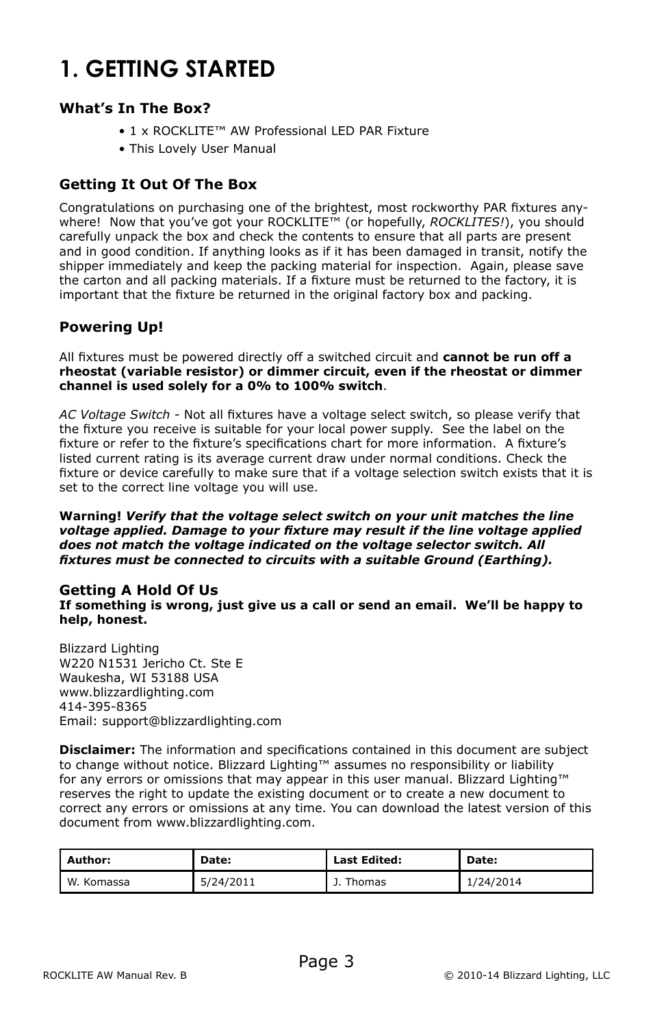 Getting started, Page 3 | Blizzard Lighting AW RockLite (Rev B) User Manual | Page 3 / 20