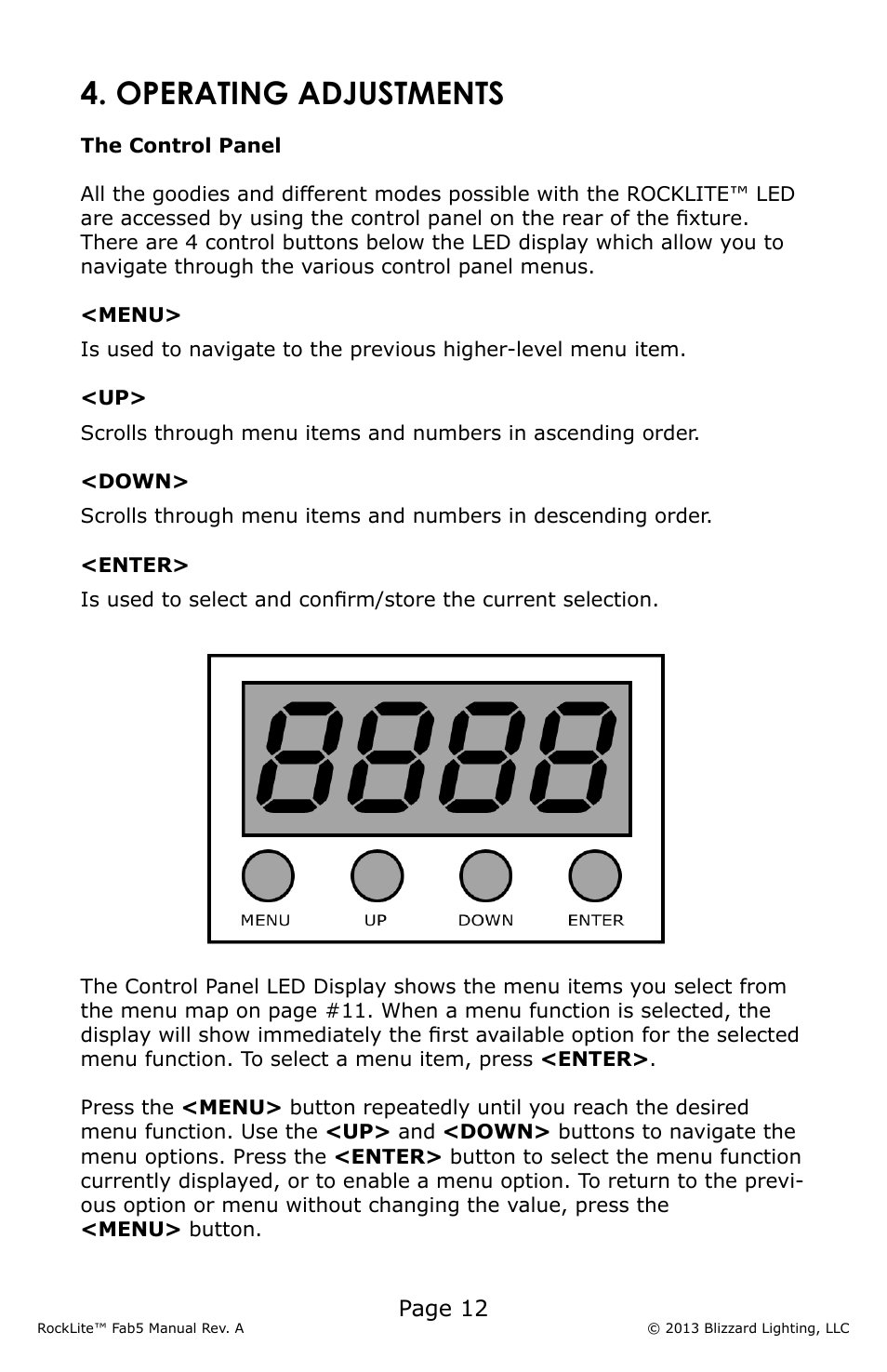 Operating adjustments, Page 12 | Blizzard Lighting Fab 5 RockLite (Rev A) User Manual | Page 12 / 20