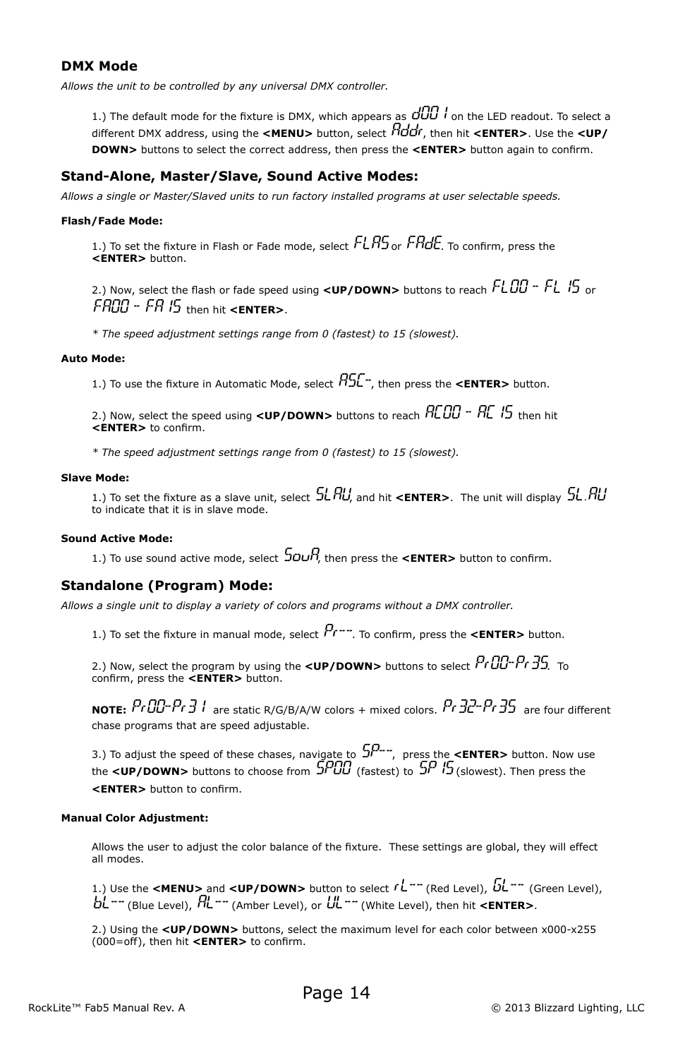 Page 14, D001, Addr | Flas, Fade, Fl00 - fl15, Fa00 - fa15, Ac00 - ac15, Slau, Sl.au | Blizzard Lighting Fab 5 RockLite (Rev A) User Manual | Page 14 / 20