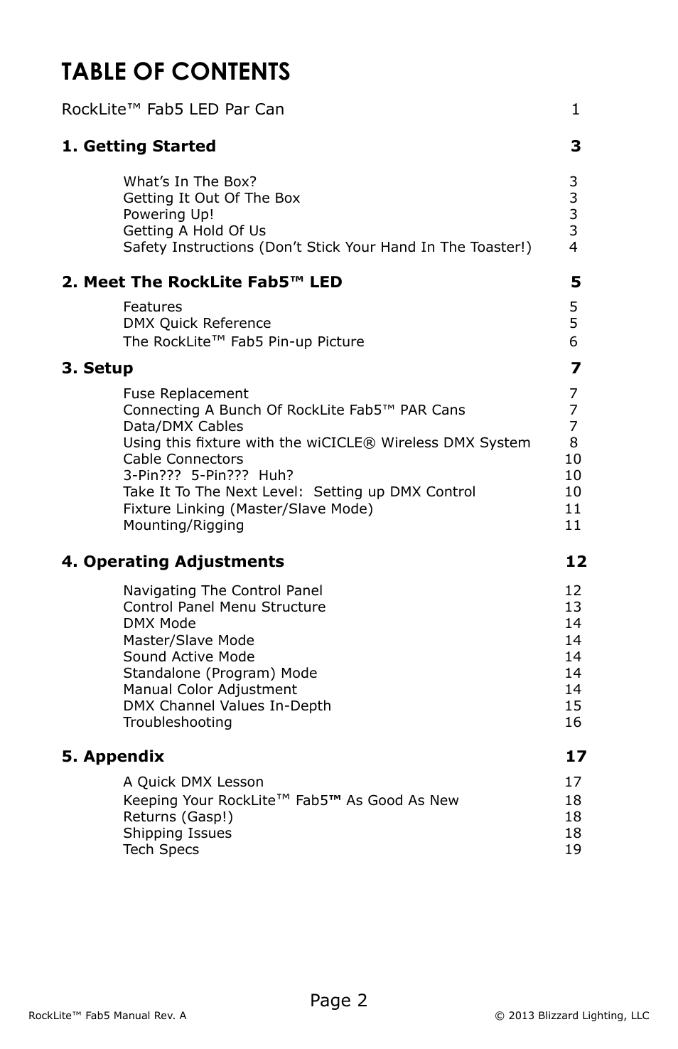 Blizzard Lighting Fab 5 RockLite (Rev A) User Manual | Page 2 / 20