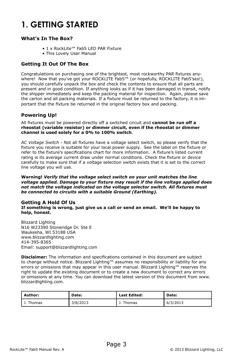 Getting started, Page 3 | Blizzard Lighting Fab 5 RockLite (Rev A) User Manual | Page 3 / 20