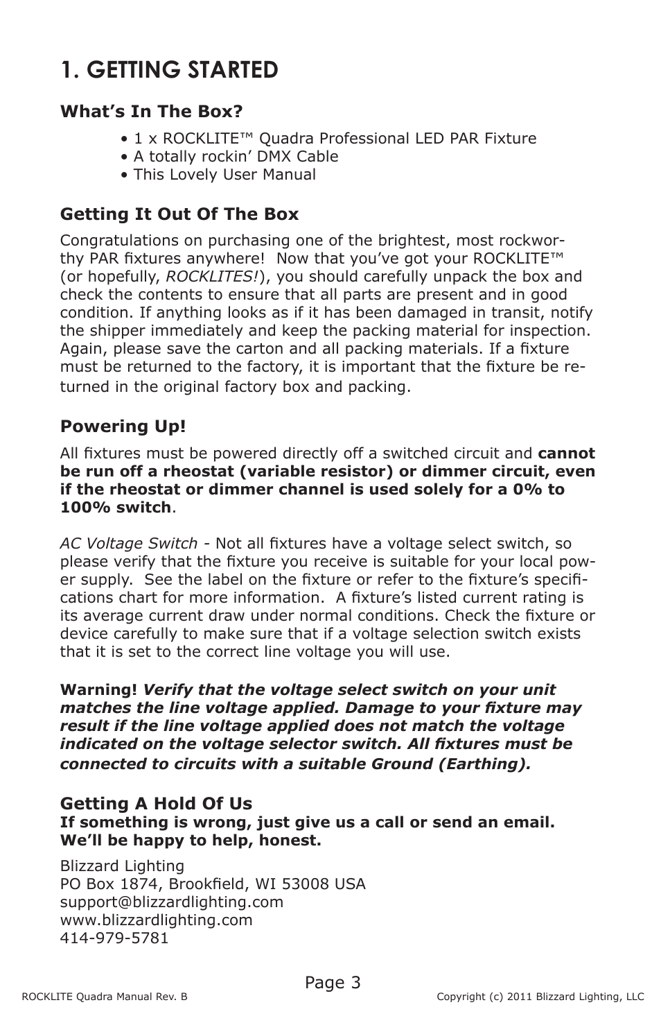 Getting started | Blizzard Lighting Quadra ROCKLITE (Rev B) User Manual | Page 3 / 20