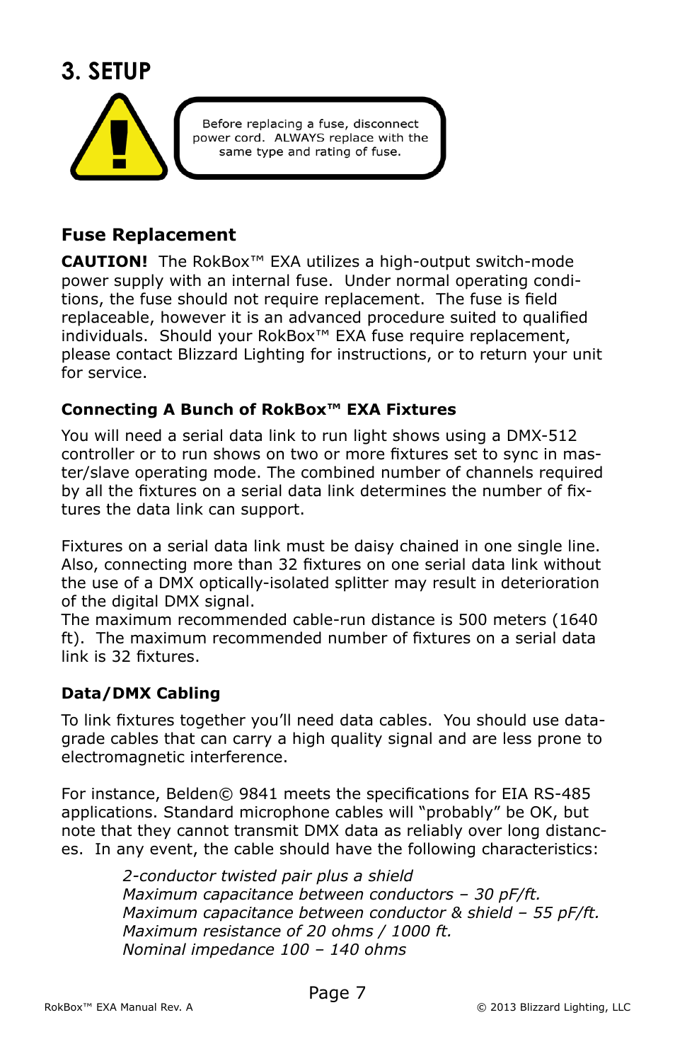 Setup, Page 7, Fuse replacement | Blizzard Lighting EXA RokBox User Manual | Page 7 / 20