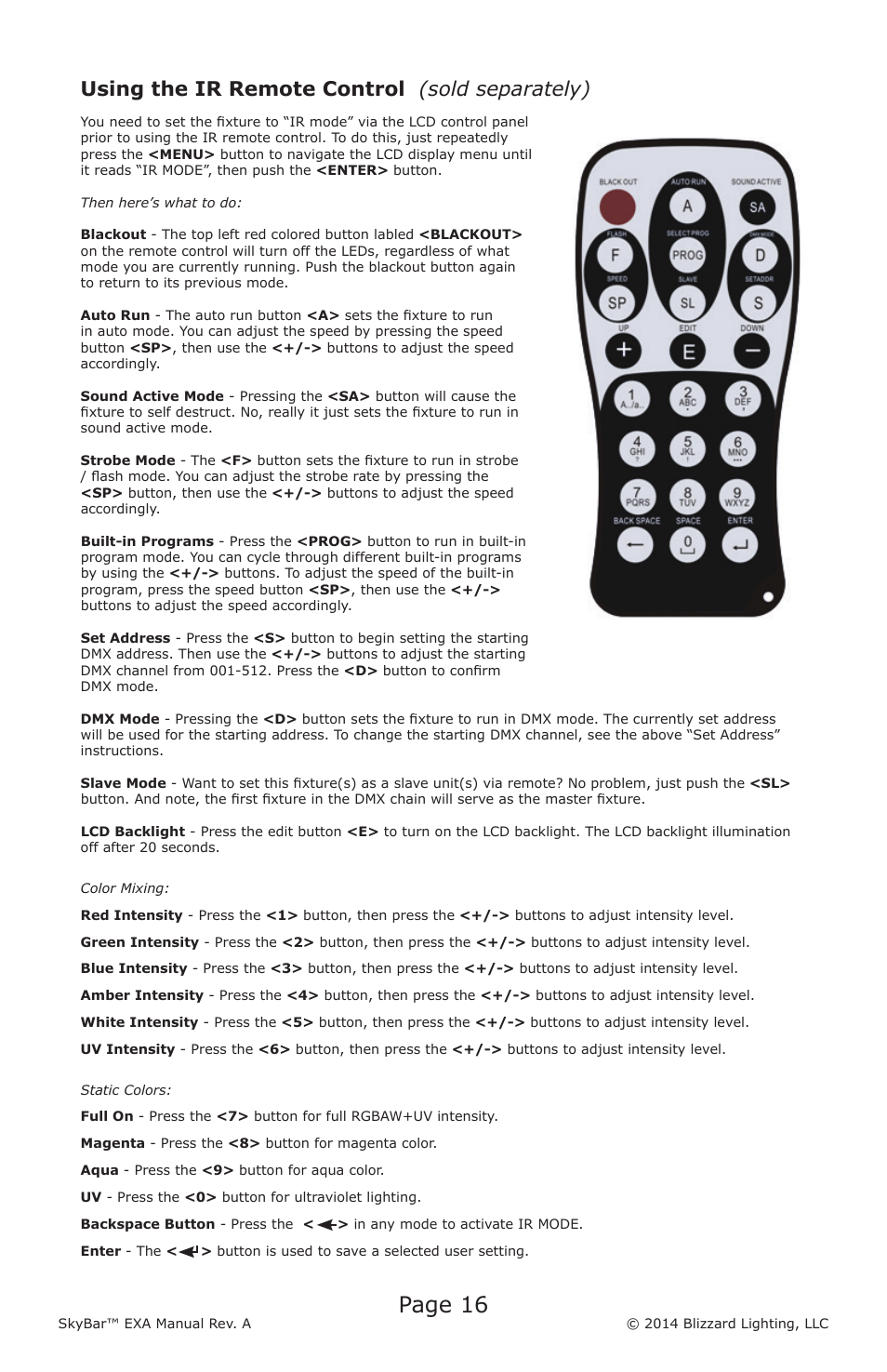 Page 16, Using the ir remote control (sold separately) | Blizzard Lighting EXA SkyBar (Rev A) User Manual | Page 16 / 24