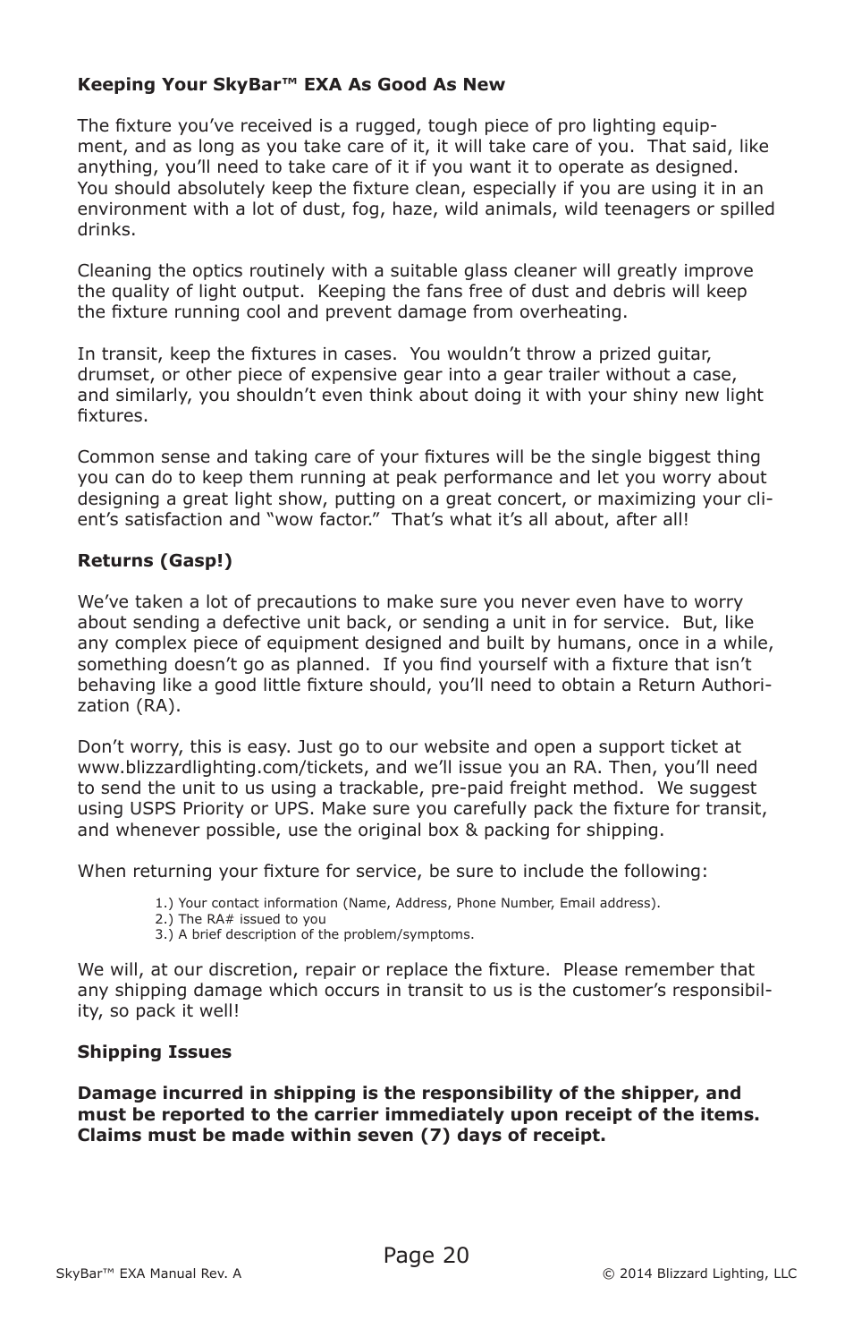 Page 20 | Blizzard Lighting EXA SkyBar (Rev A) User Manual | Page 20 / 24