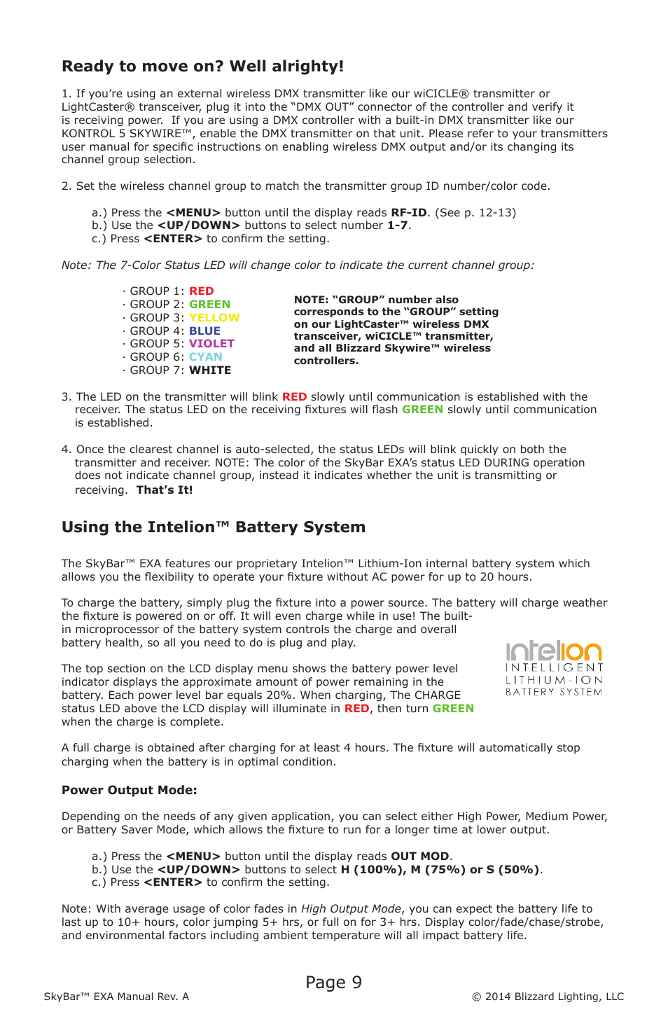 Page 9, Ready to move on? well alrighty, Using the intelion™ battery system | Blizzard Lighting EXA SkyBar (Rev A) User Manual | Page 9 / 24