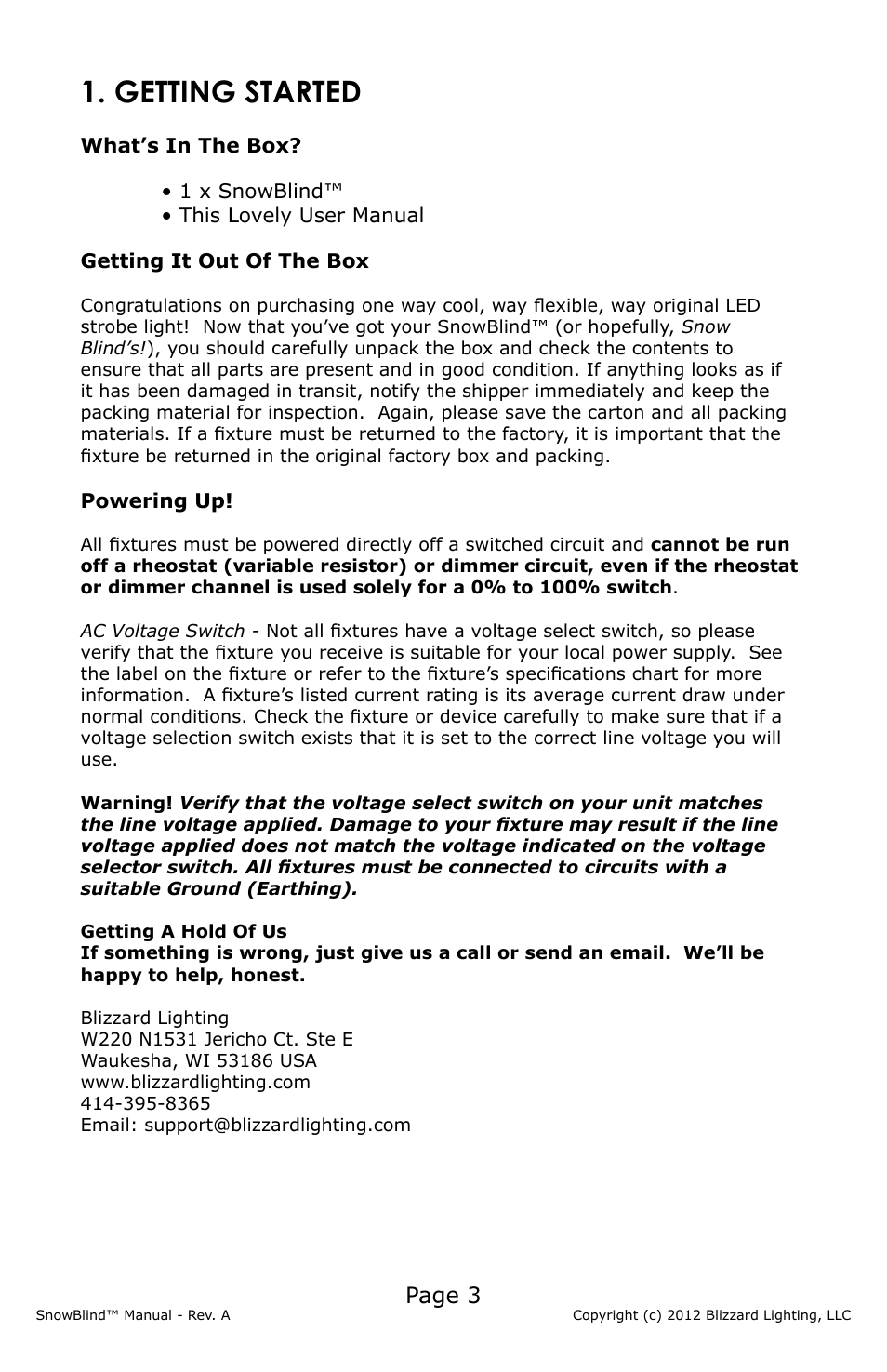 Getting started, Page 3 | Blizzard Lighting SnowBlind (Rev A) User Manual | Page 3 / 16