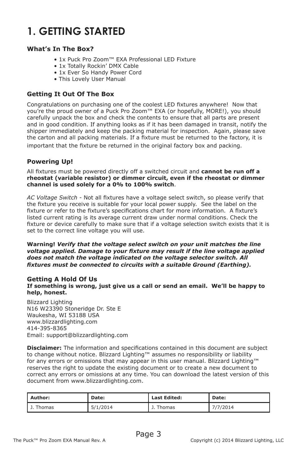 Getting started, Page 3 | Blizzard Lighting The Puck Pro Zoom EXA (Rev A) User Manual | Page 3 / 20