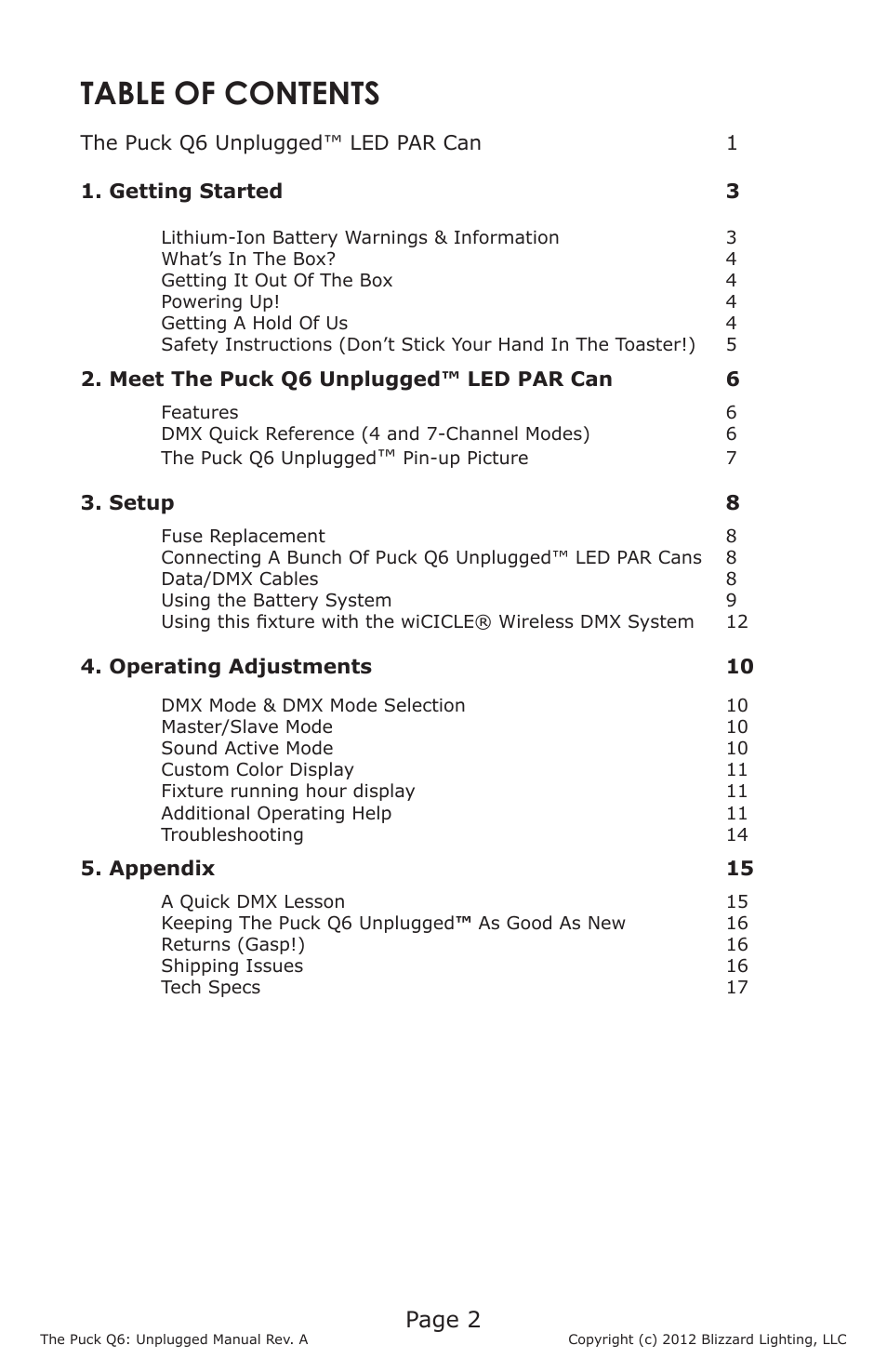 Blizzard Lighting The Puck Q6A Unplugged User Manual | Page 2 / 20