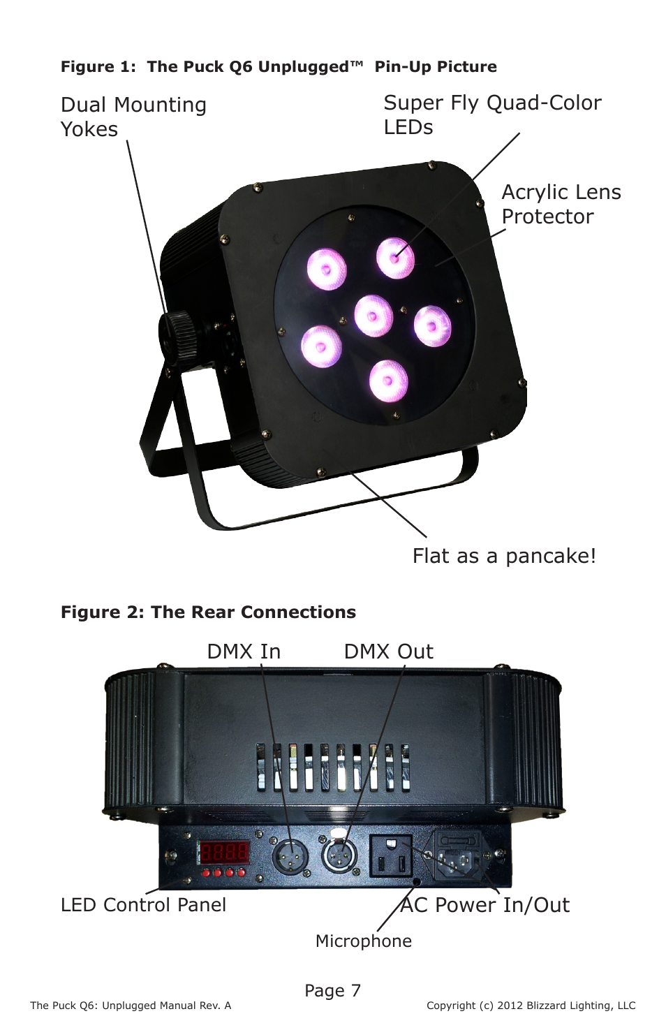 Ac power in/out dmx in dmx out, Acrylic lens protector | Blizzard Lighting The Puck Q6A Unplugged User Manual | Page 7 / 20